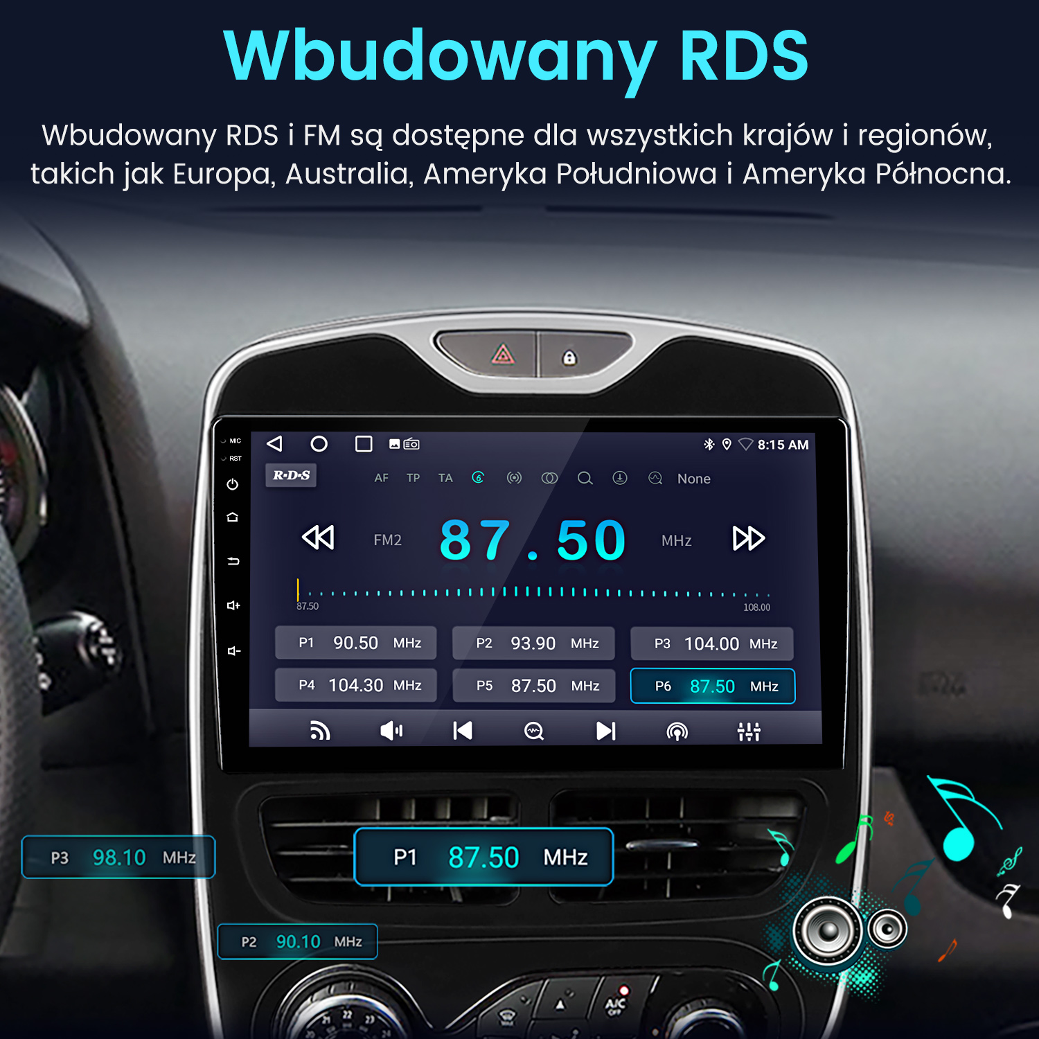 Radio samochodowe wyświetla FM2, 87.50 MHz i zaprogramowane stacje.