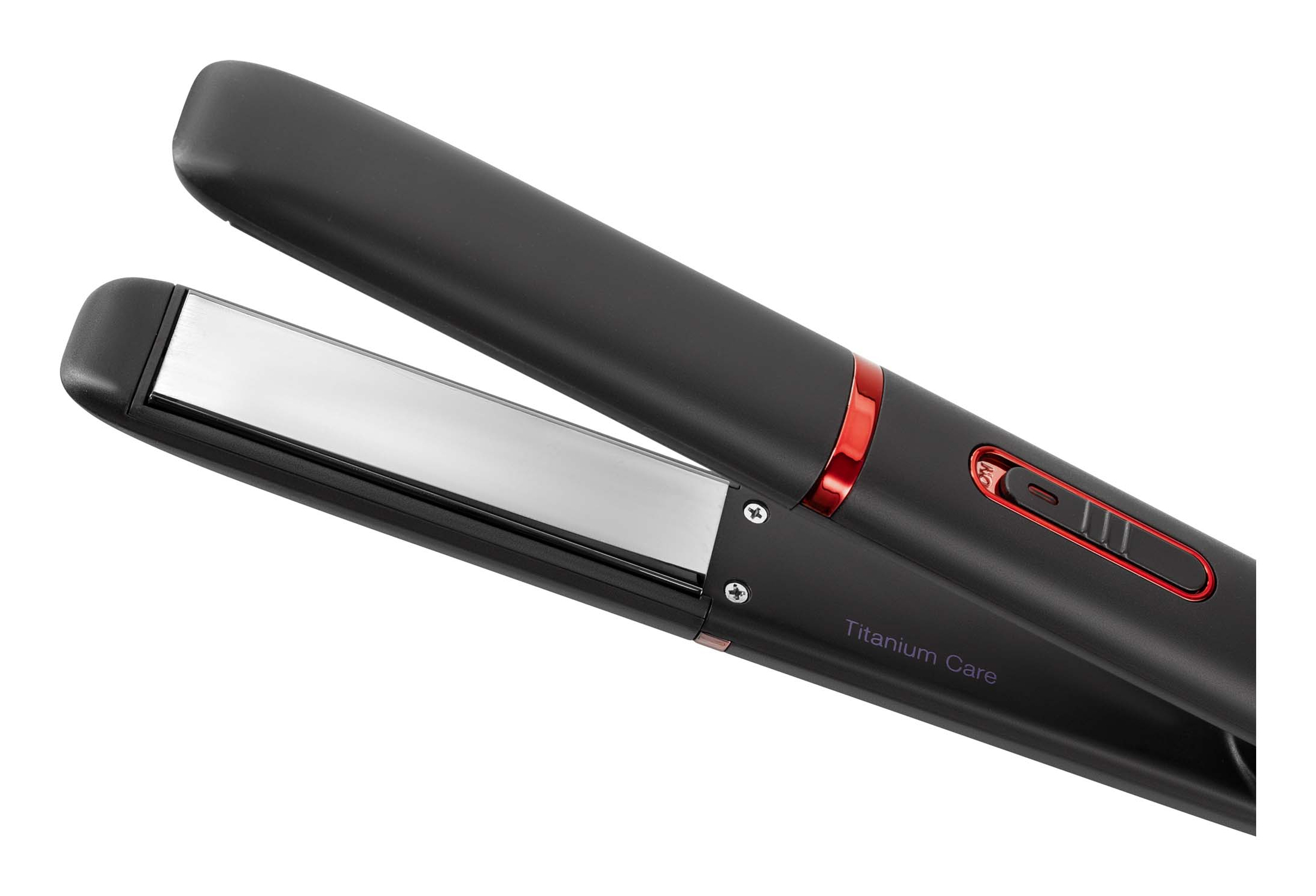 Black hair straightener with red accents and silver plates, on a white background.
