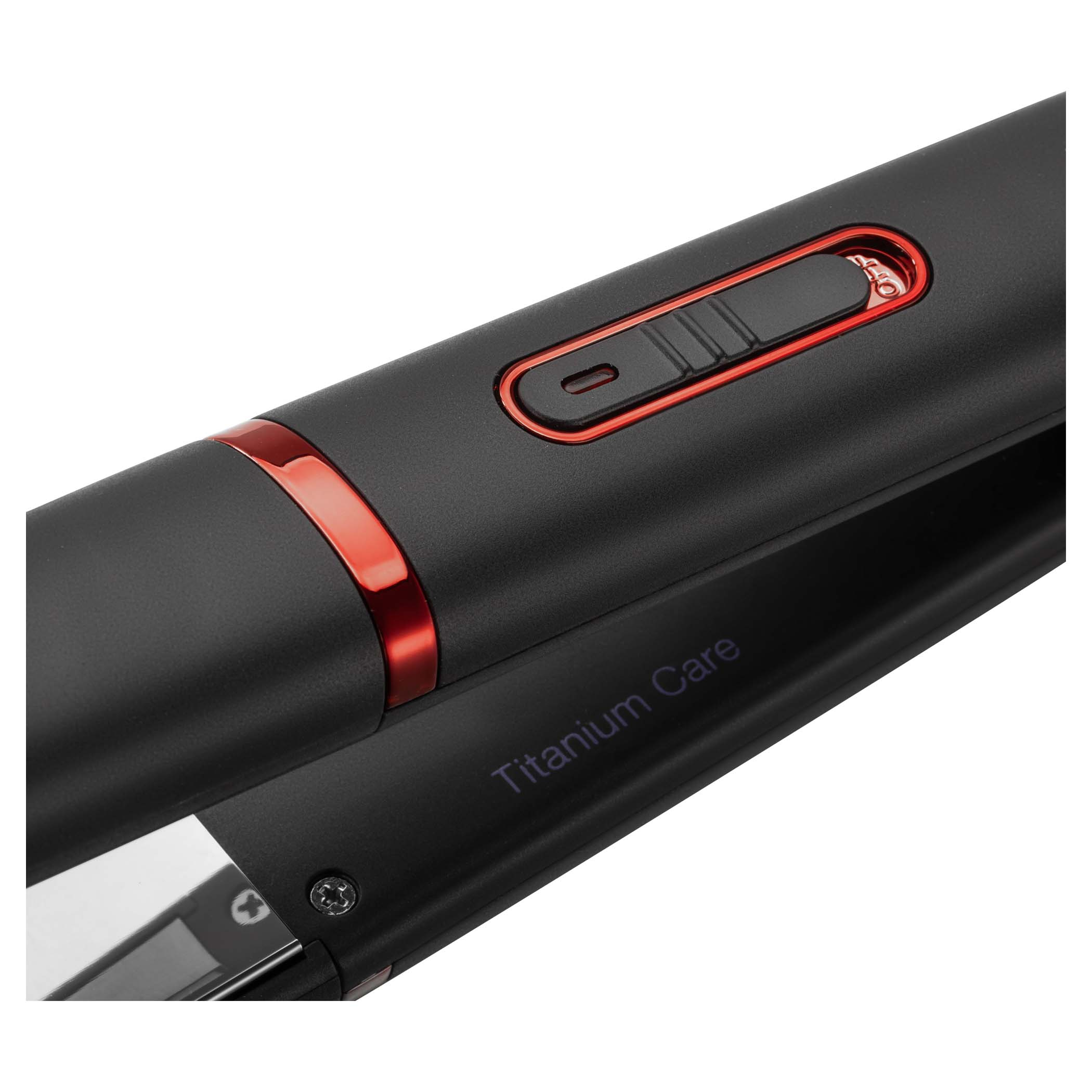 Black hair straightener handle with red accent and controls. 'Titanium Care' is printed.
