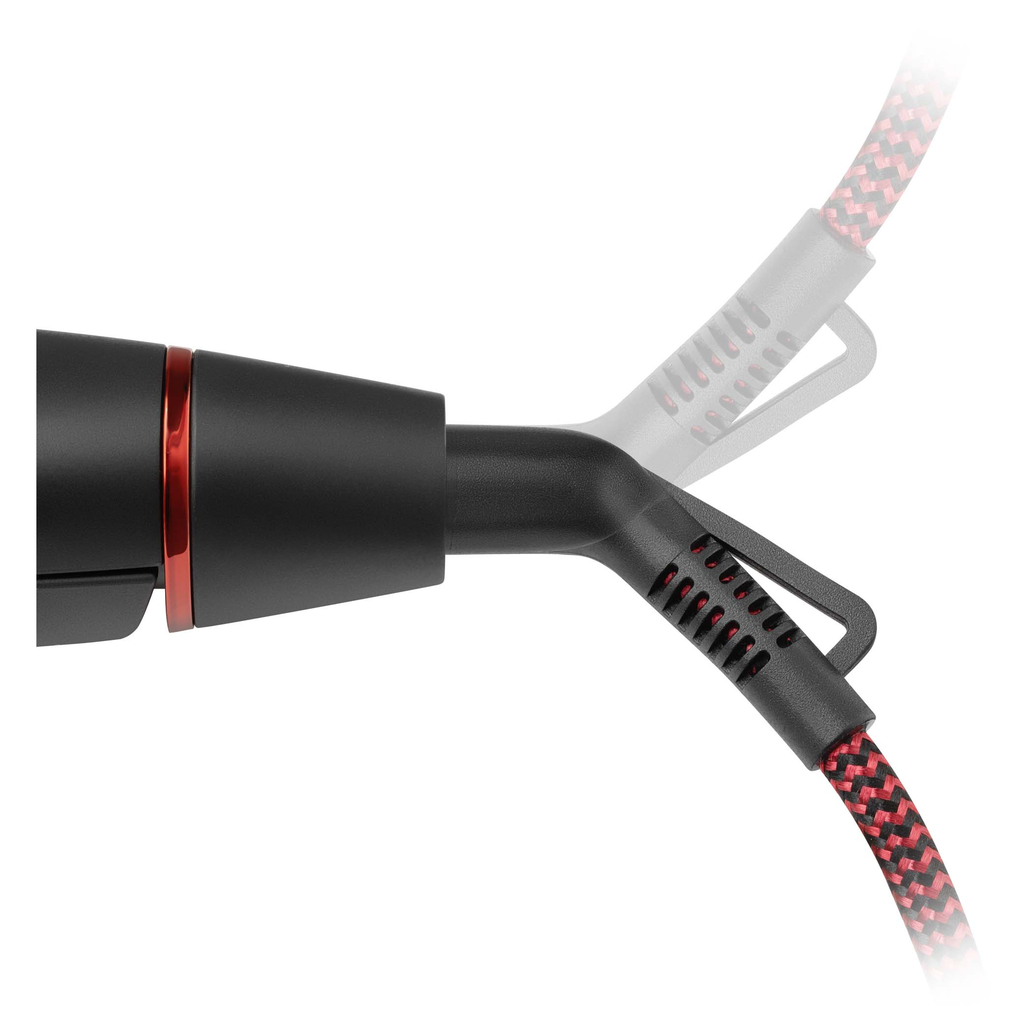 Black plug with red ring and black-red cable. Gray overlay.