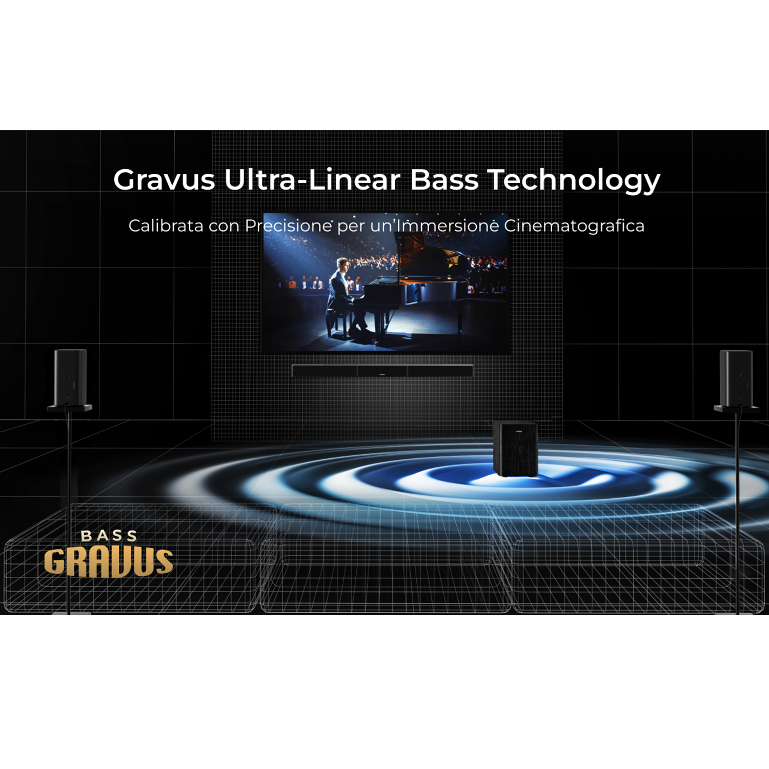 Tecnologia Gravus Ultra-Lineare Bass con pianista sul palco.