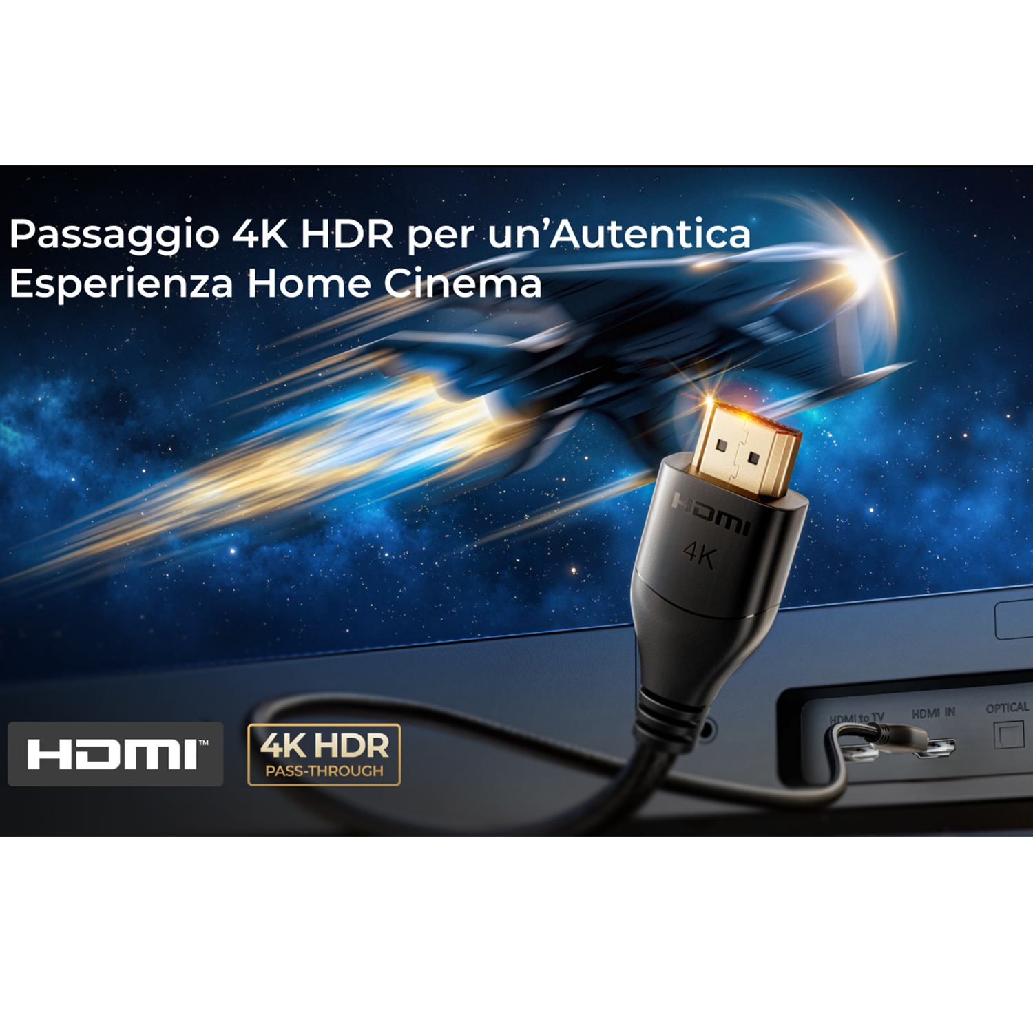 Cavo HDMI collegato a un dispositivo 4K HDR, con sfondo spaziale e testo.