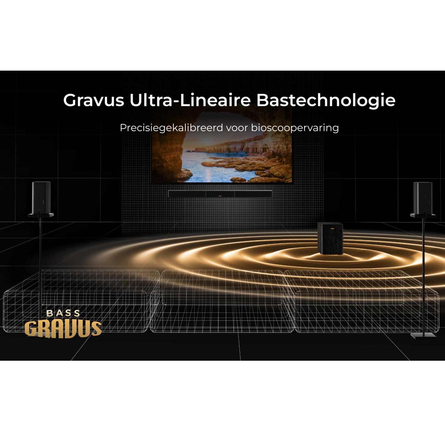 Luidsprekers, subwoofer en soundbar voor een tv met een kustlandschap.