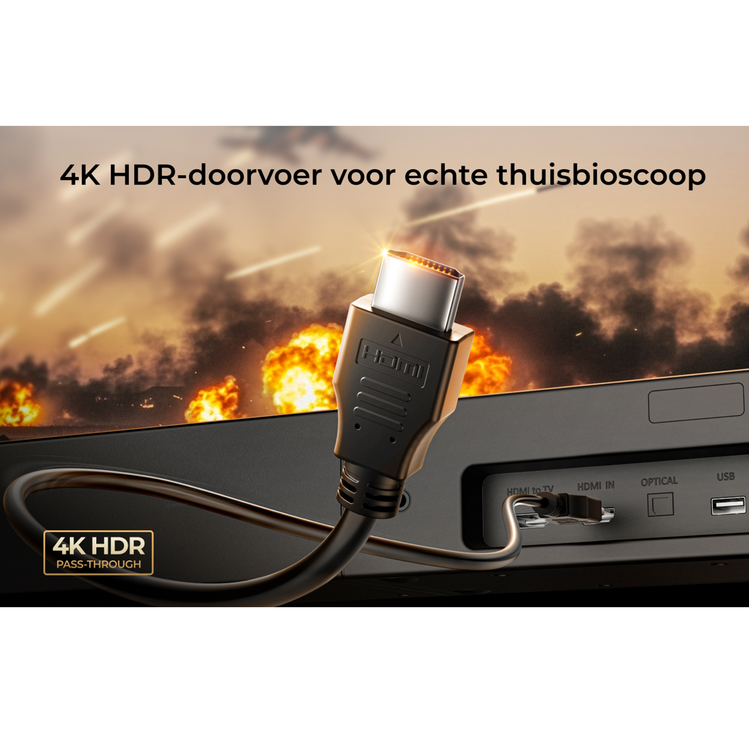 Een HDMI-kabel is aangesloten op een apparaat met 4K HDR-tekst.