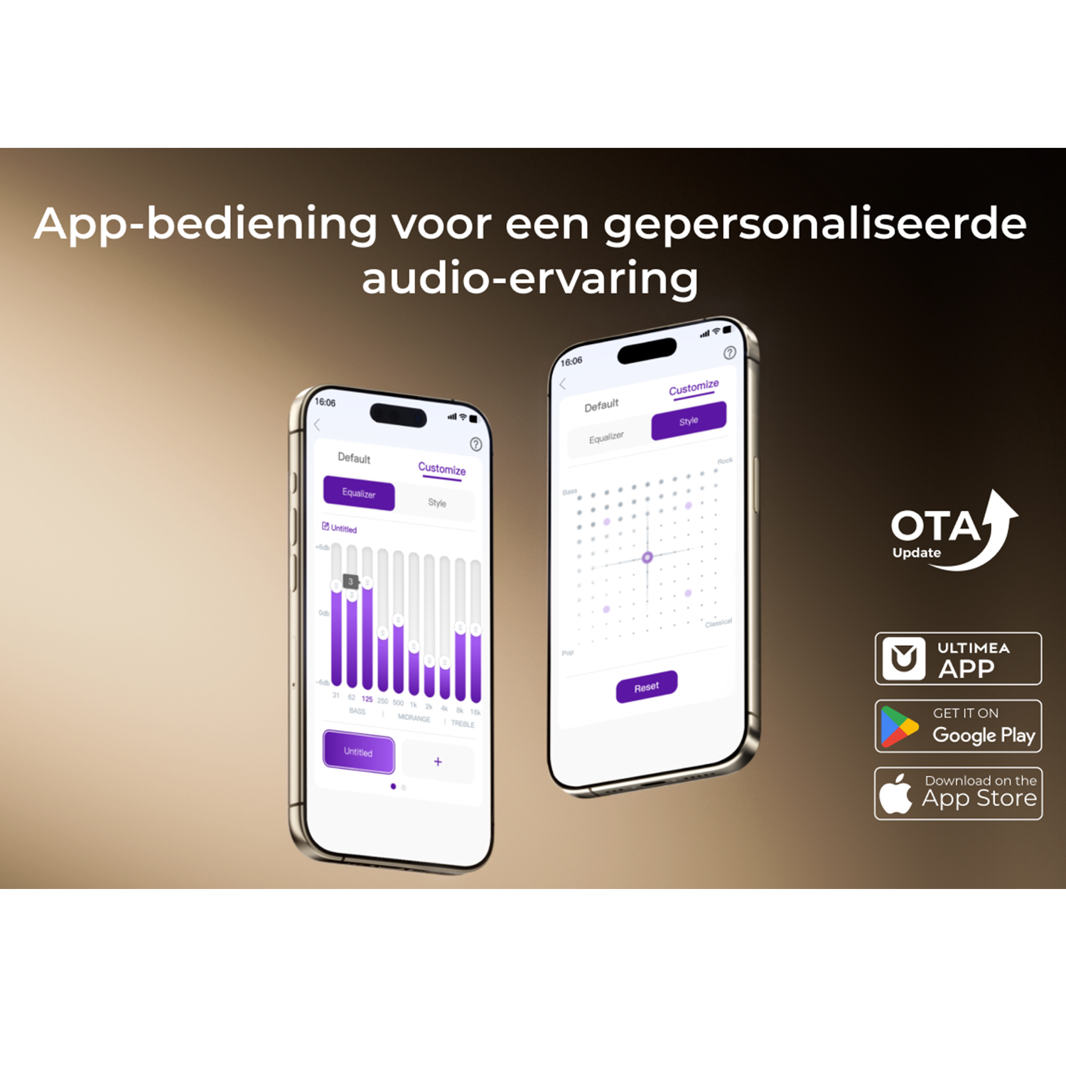 Twee smartphones tonen equalizer apps met equalizer- en stijl-instellingen.