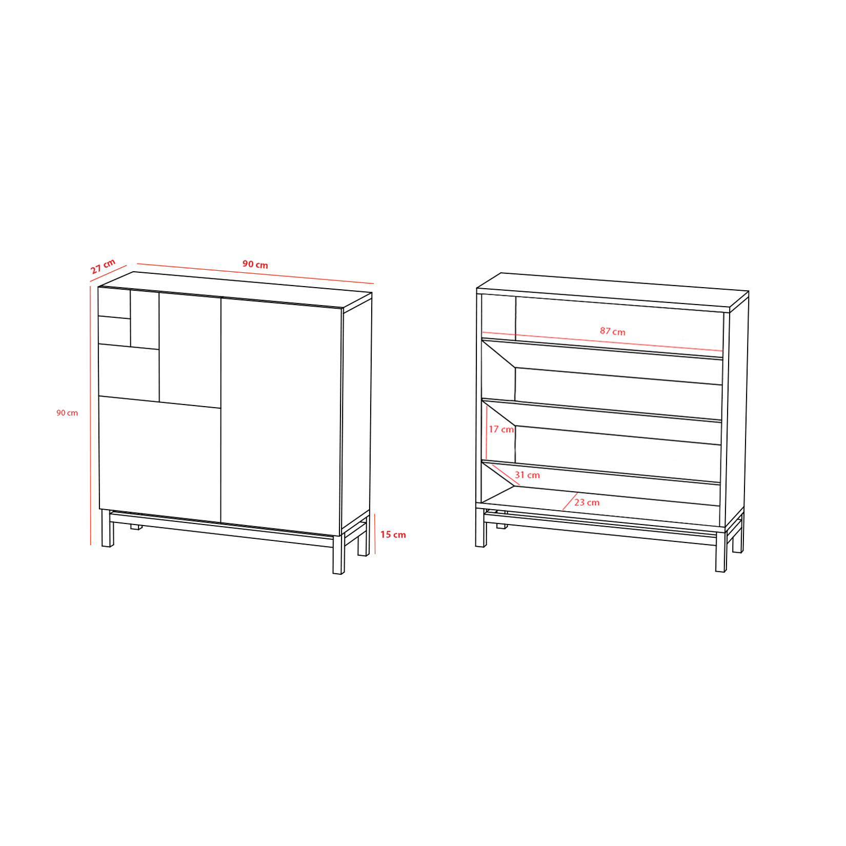 Dos muebles con dimensiones: un armario, 90x27x90 cm, y un estante, 87 cm de ancho.