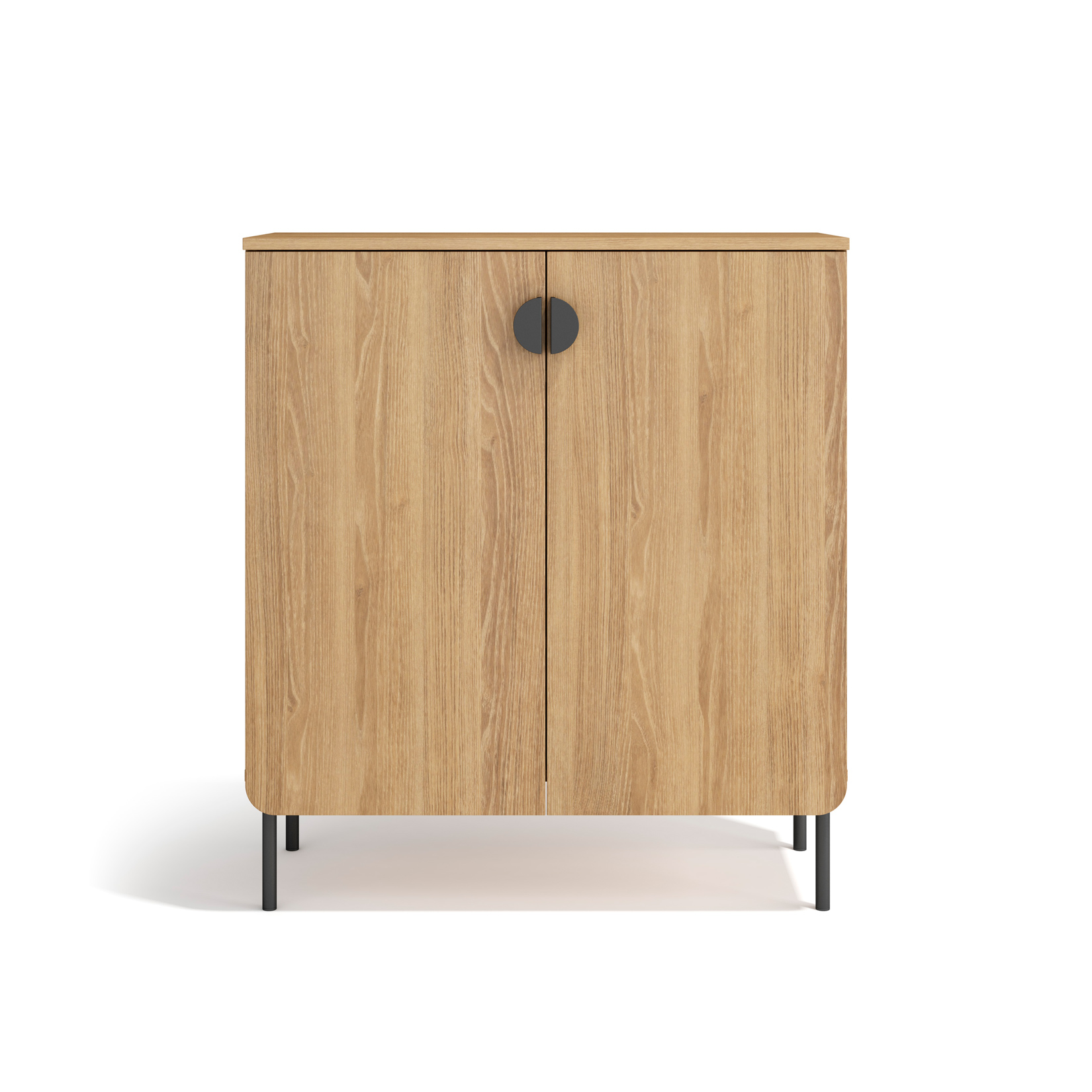 Un armario de madera con dos puertas y un pomo redondo.