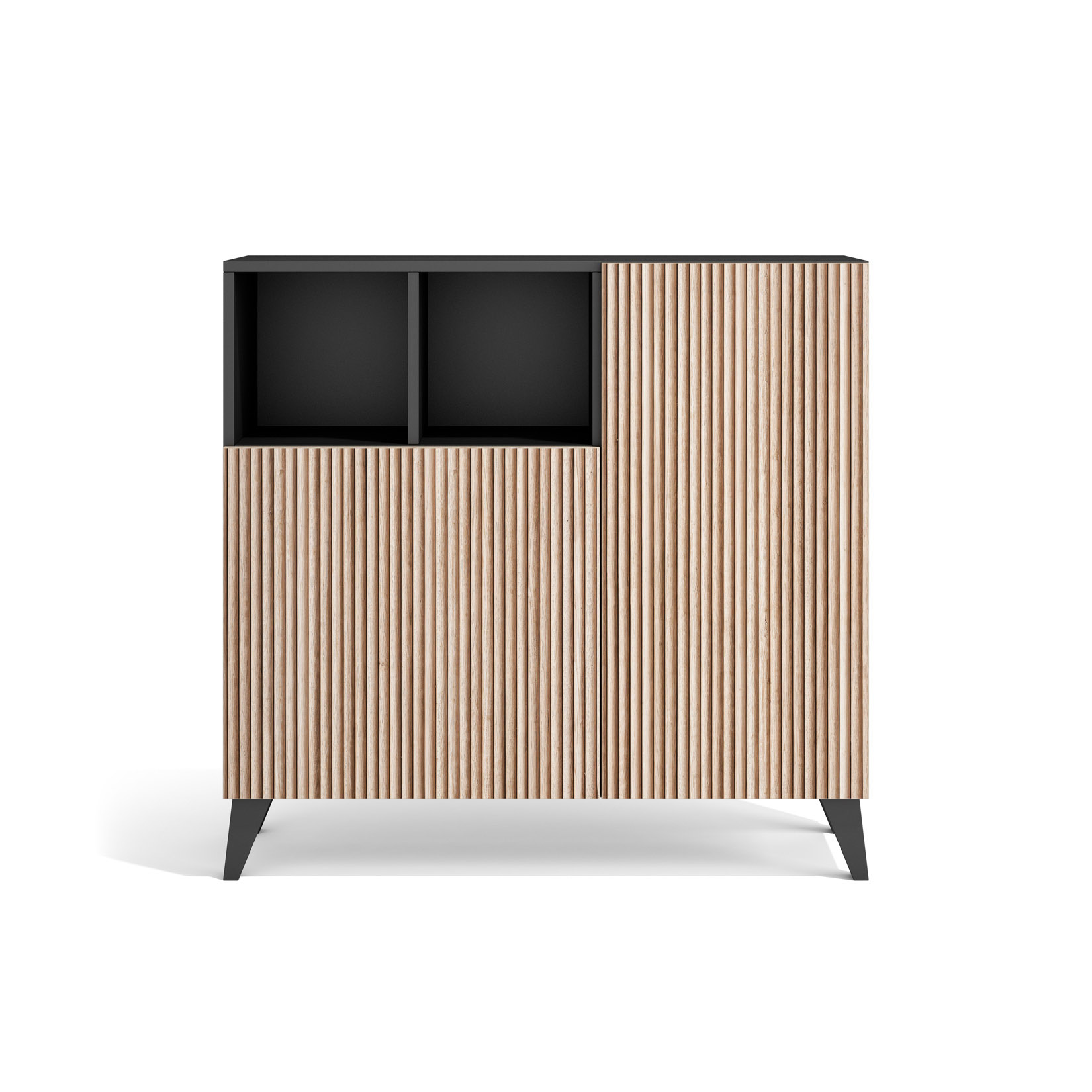 Un mueble con lamas de madera, estantes negros y patas negras.