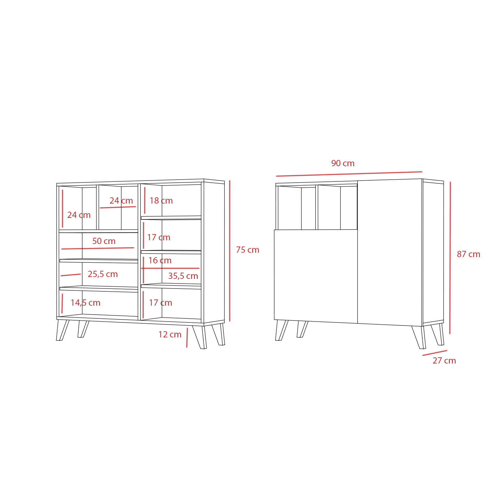 Dos vistas de un mueble con dimensiones. Izquierda con estantes, derecha con puertas.