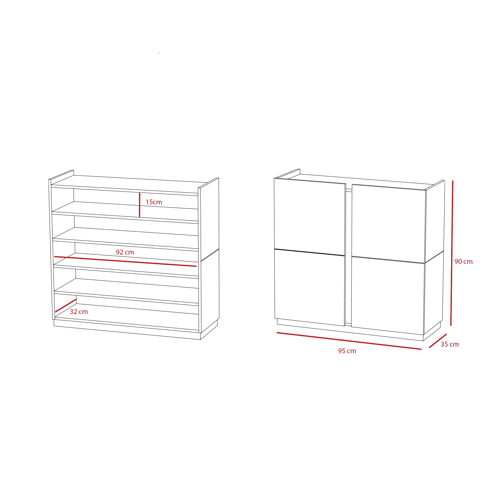 Dibujo de una estantería abierta y un armario cerrado con dimensiones.