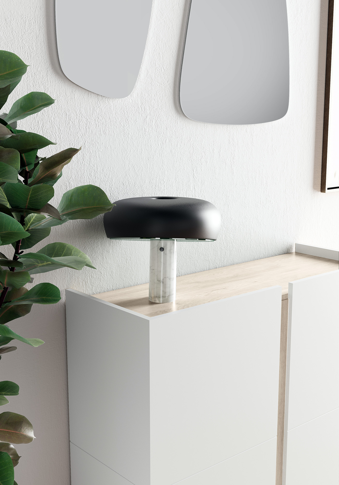 Una lámpara negra tipo hongo con base de mármol se asienta sobre un mueble blanco con detalles de madera.