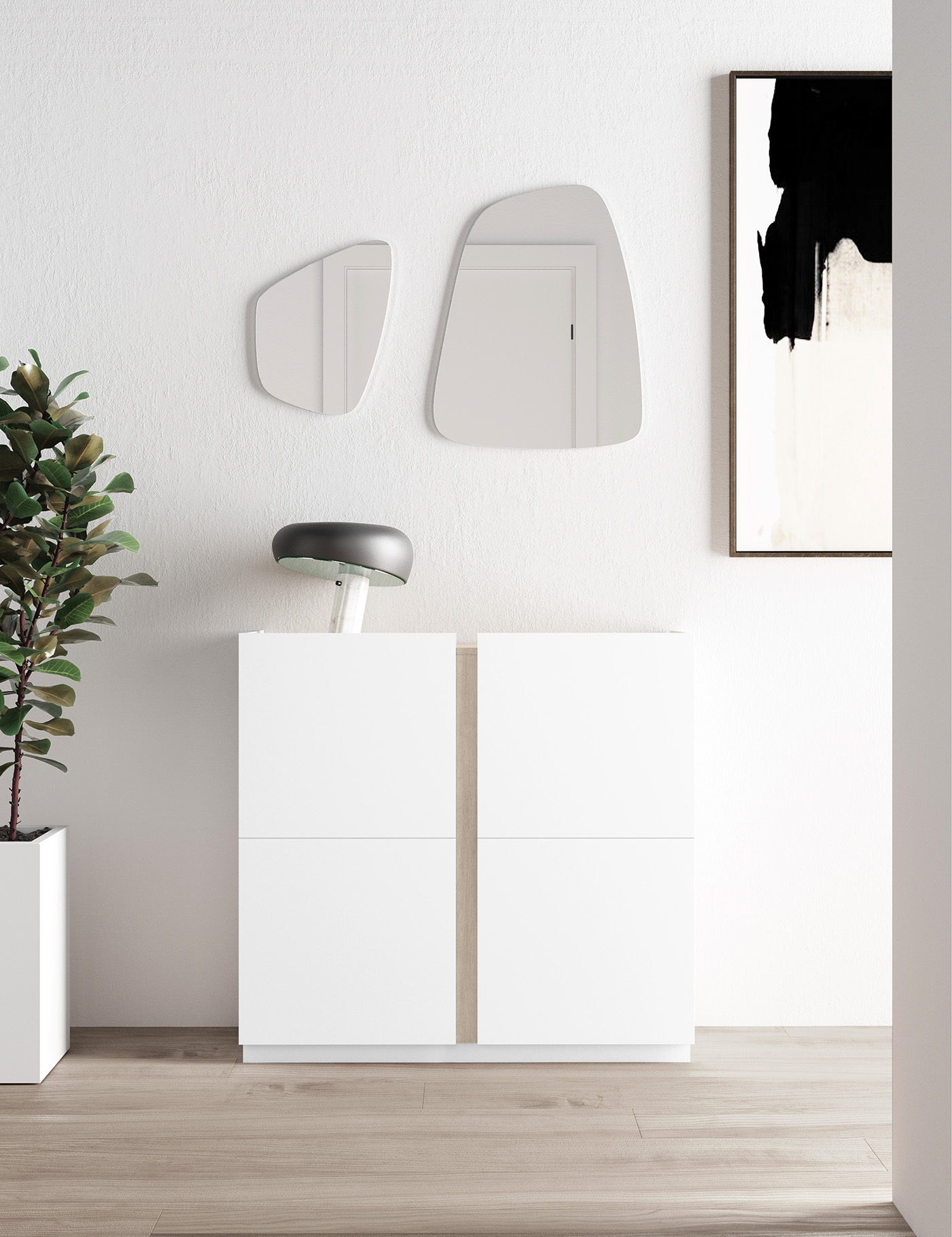 Un mueble blanco con detalles en madera, lámpara, planta y arte abstracto.
