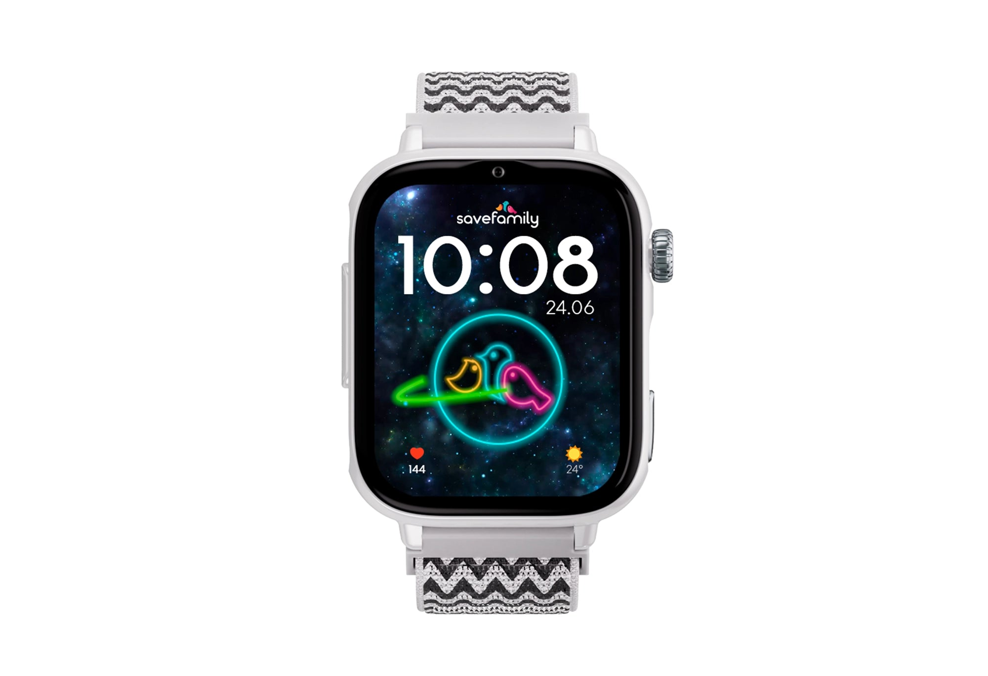 Smartwatch bianco con quadrante a tema spaziale colorato e cinturino fantasia.