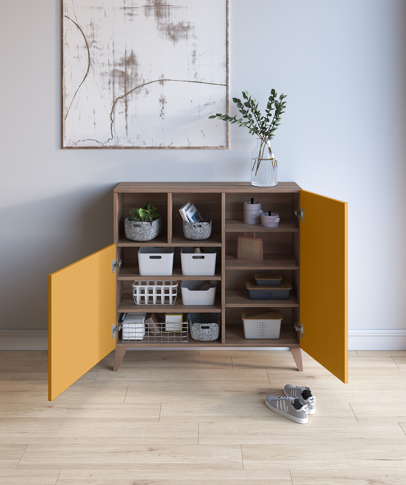 Un zapatero de madera con puerta amarilla abierta, arte en la pared y zapatos.