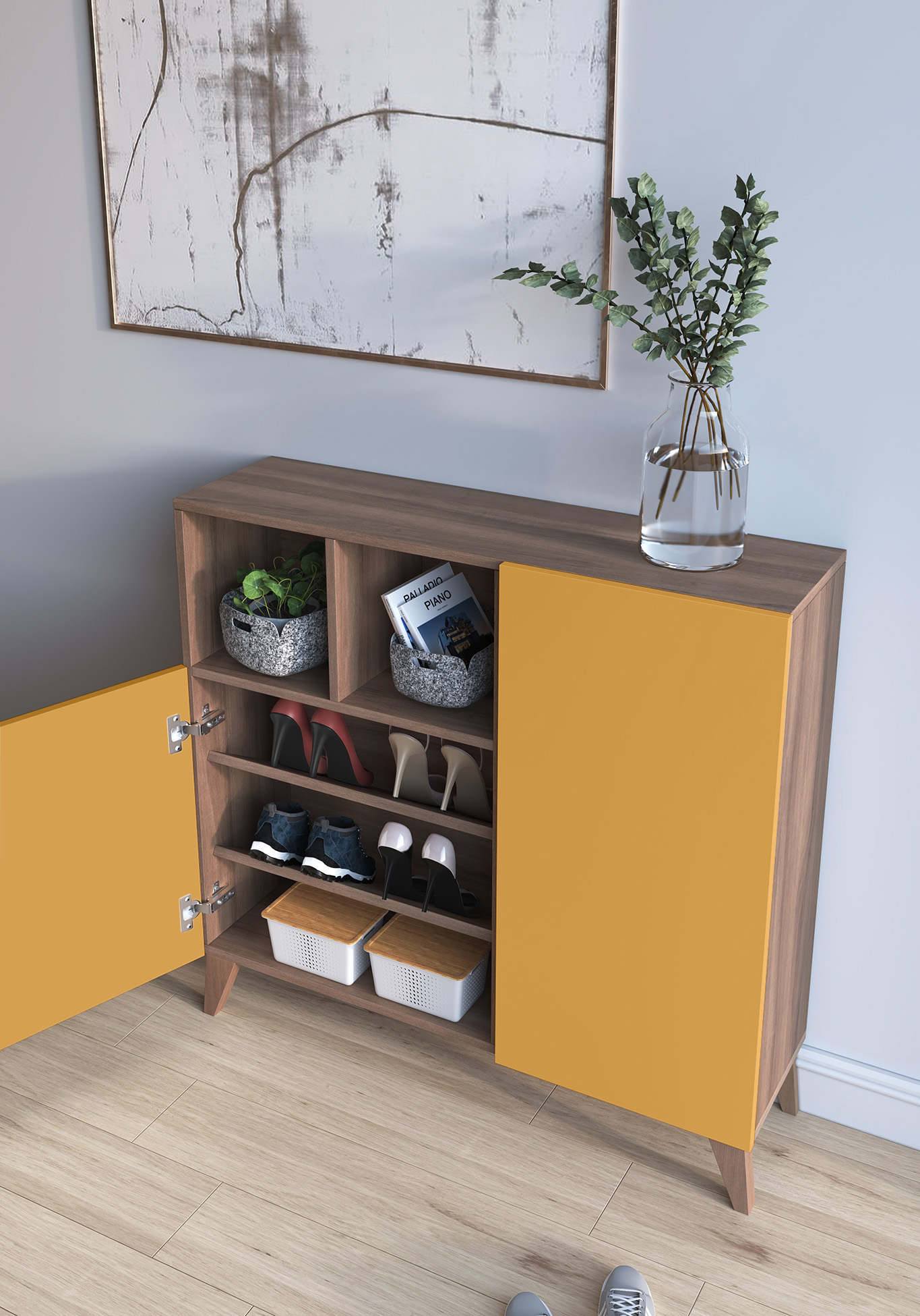 Un zapatero de madera con puertas naranjas, lleno de zapatos y cestas.