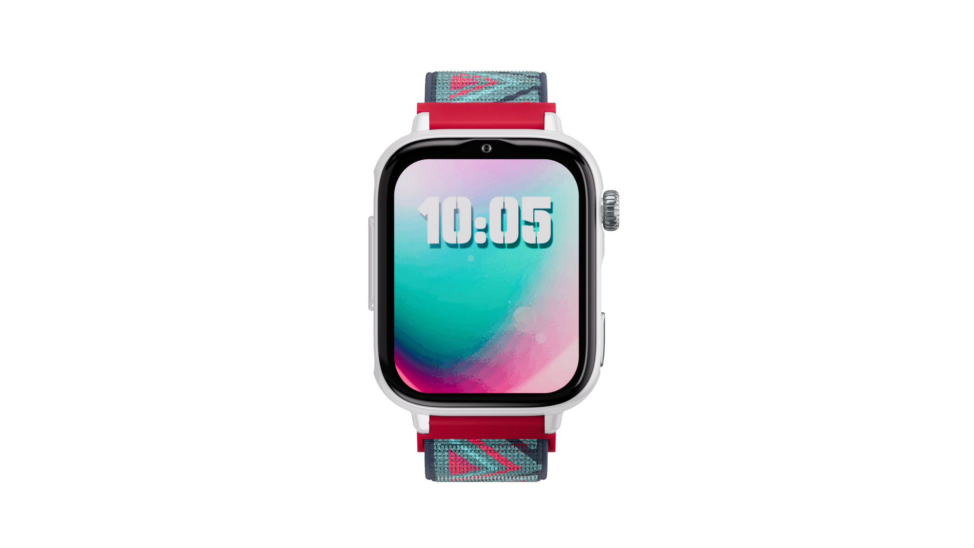 Uno smartwatch bianco con cinturino rosso e blu mostra le 10:05.