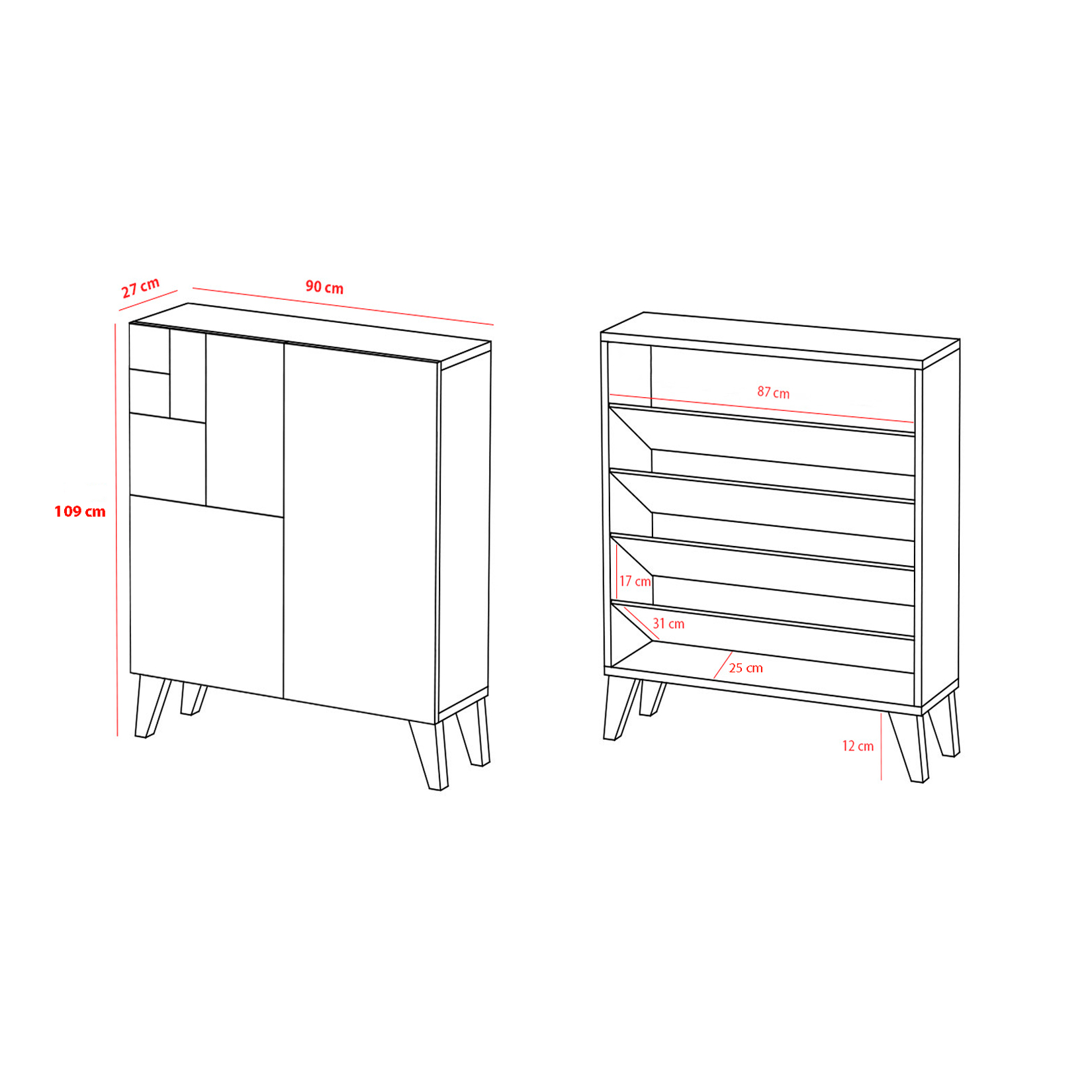 Dos muebles con dimensiones. Uno tiene puertas, el otro estantes.