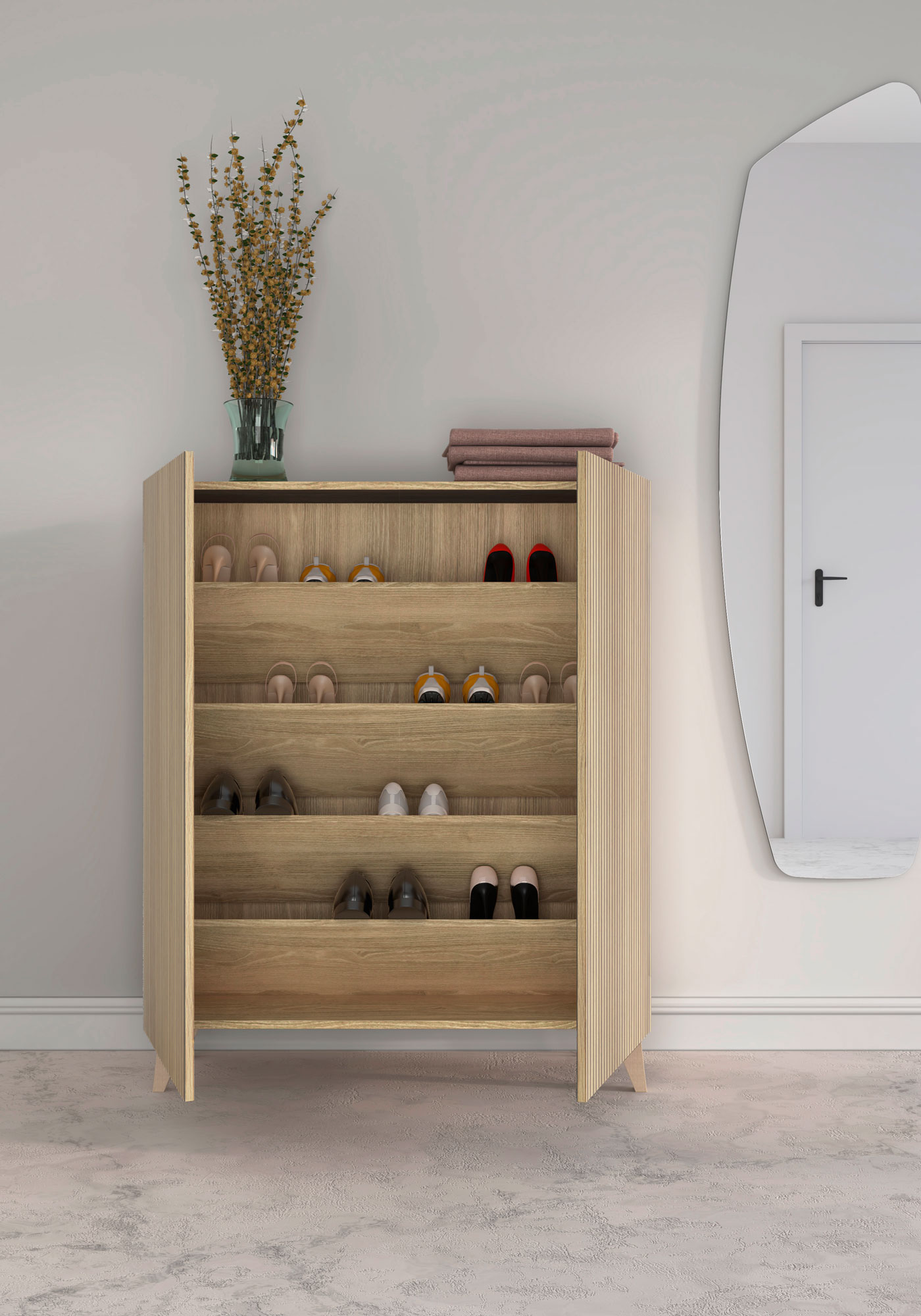 Un zapatero de madera con cuatro estantes llenos de varios zapatos.
