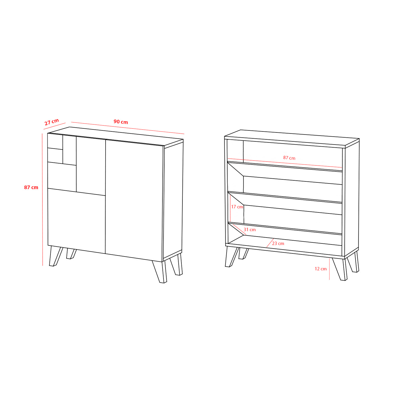 Dos muebles con dimensiones. Un armario a la izquierda, una estantería a la derecha.
