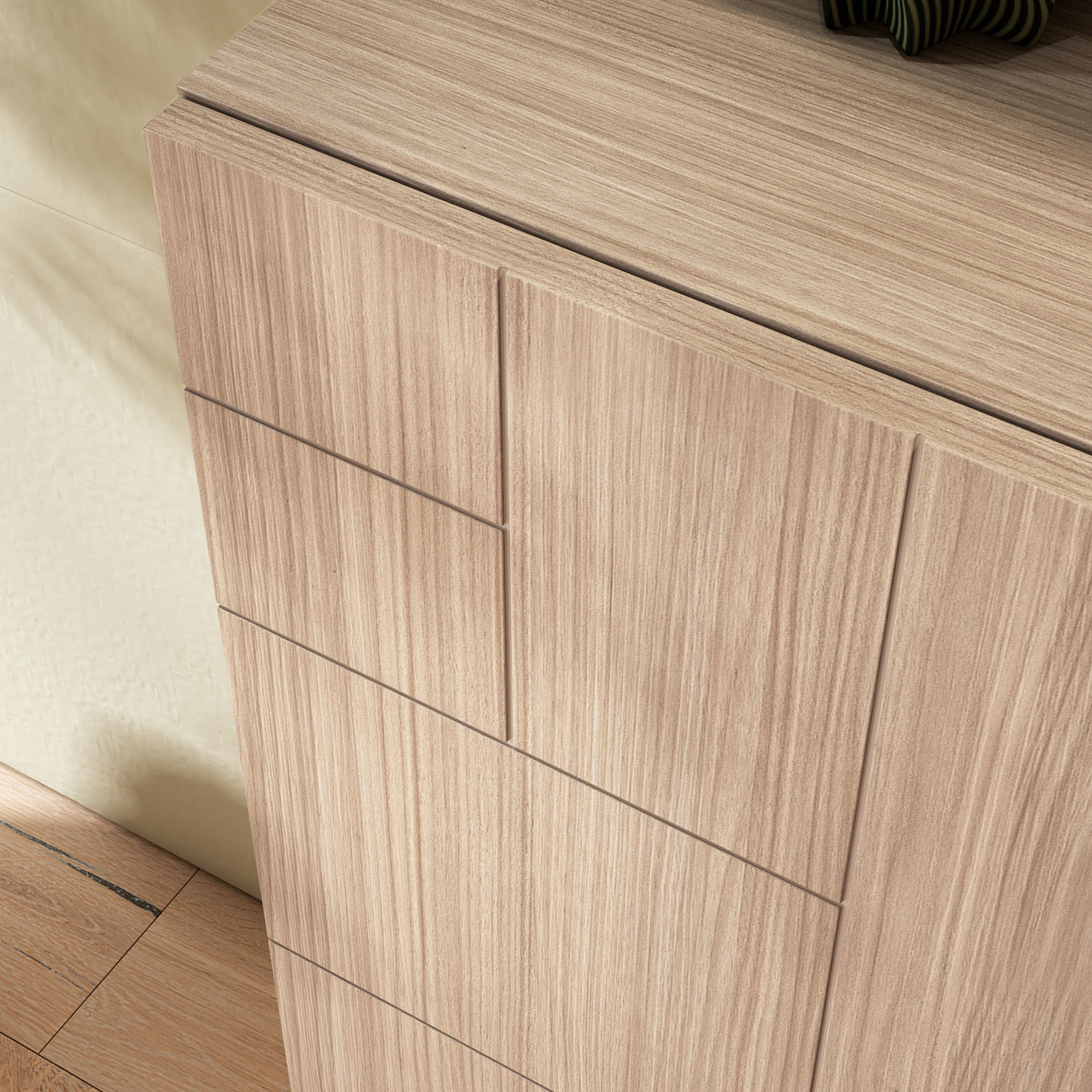 Primer plano de una encimera de cocina de madera con veta vertical.