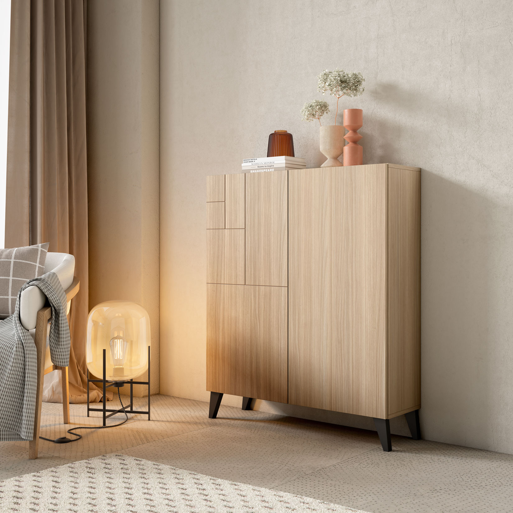 Sala de estar luminosa con armario de madera, lámpara de pie y sillón. Acentos decorativos.