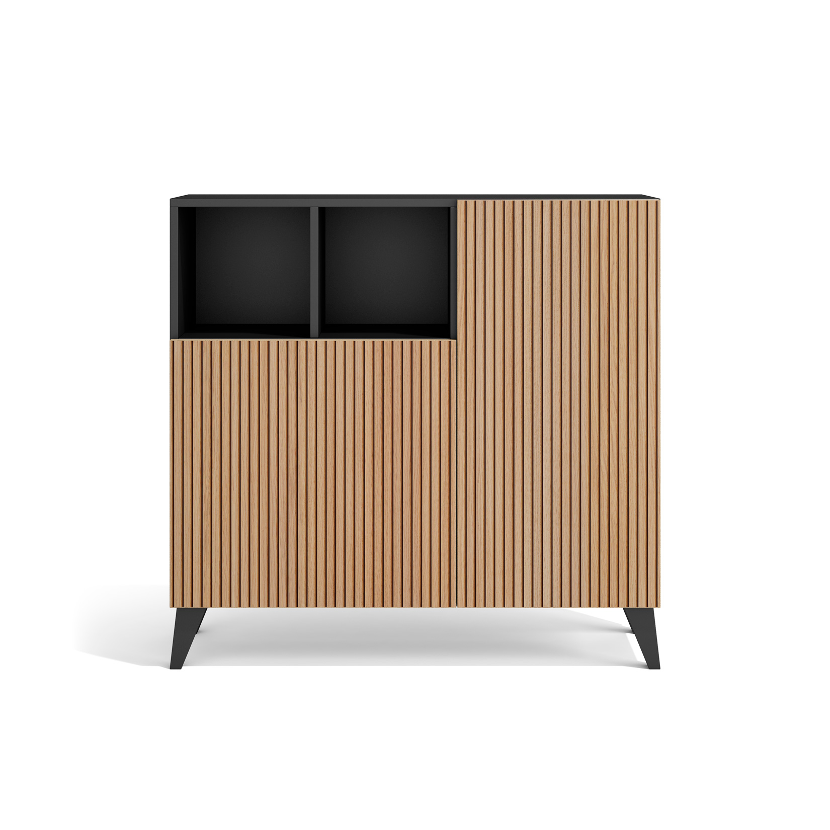 Un mueble de madera con puertas de lamas, compartimentos negros arriba y patas negras.