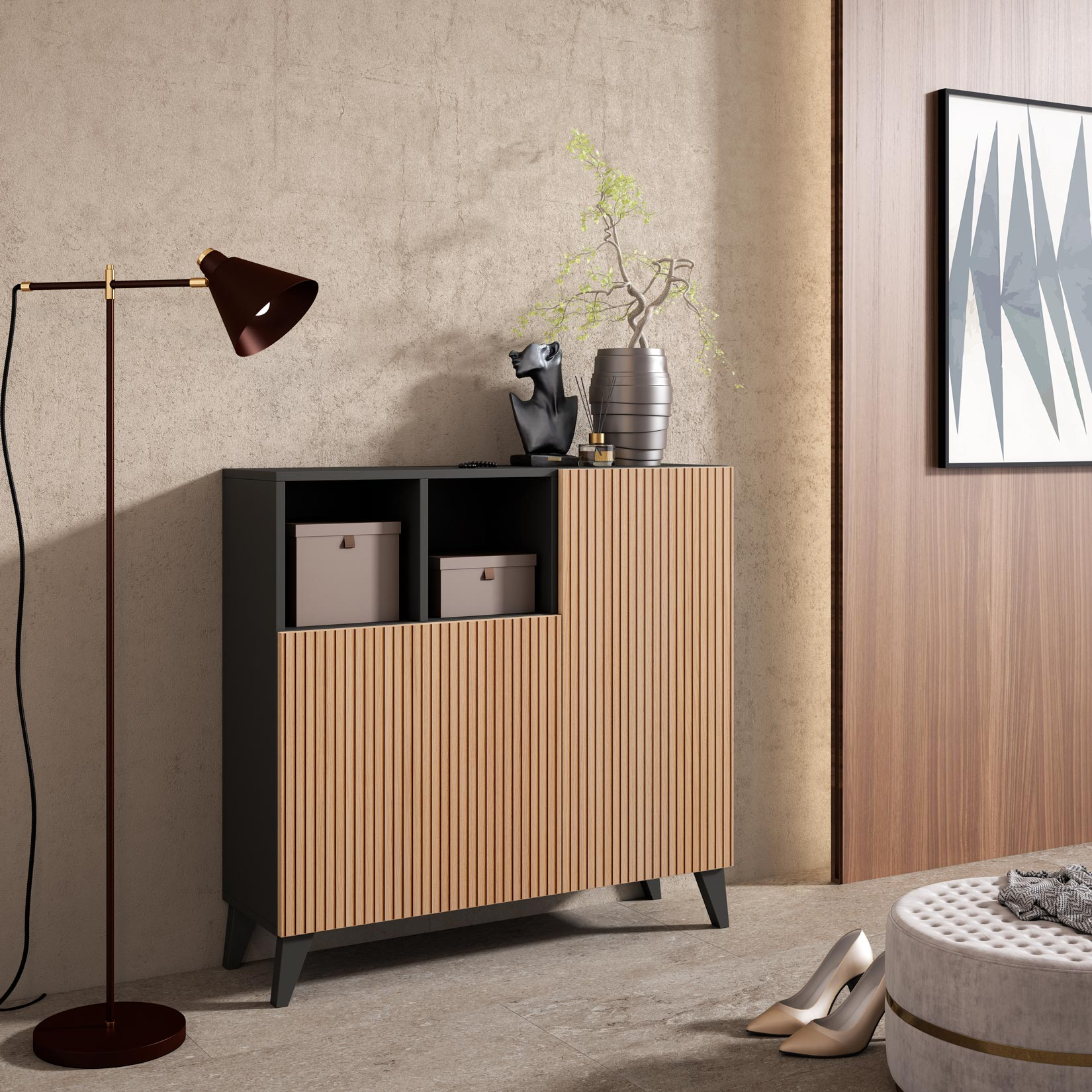 Un armario oscuro con listones de madera, al lado una lámpara de pie y decoración.