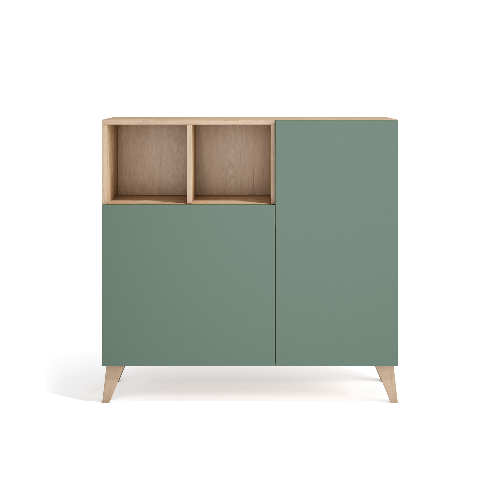 Un armario verde con cubos de madera arriba y patas de madera.