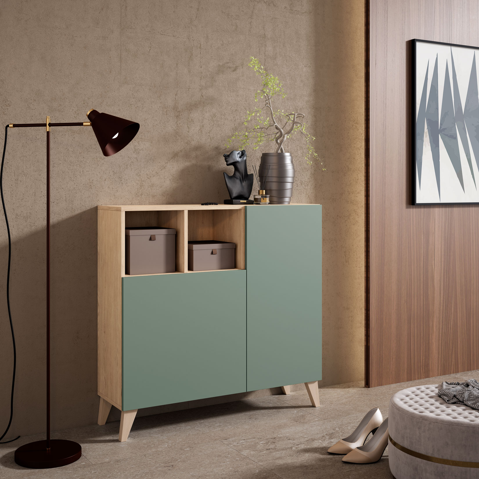 Una sala de estar moderna con un mueble de dos tonos, lámpara de pie y arte abstracto.