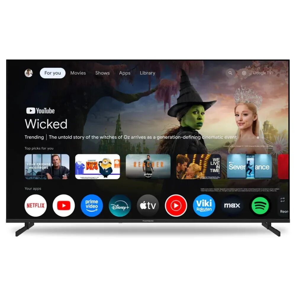 Una pantalla de TV que muestra una interfaz de usuario con iconos de aplicaciones, Netflix, YouTube, Prime Video.