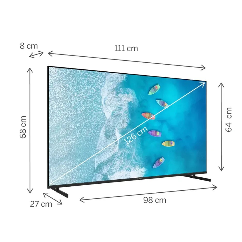 Un televisor de pantalla plana que muestra una escena de playa con dimensiones.