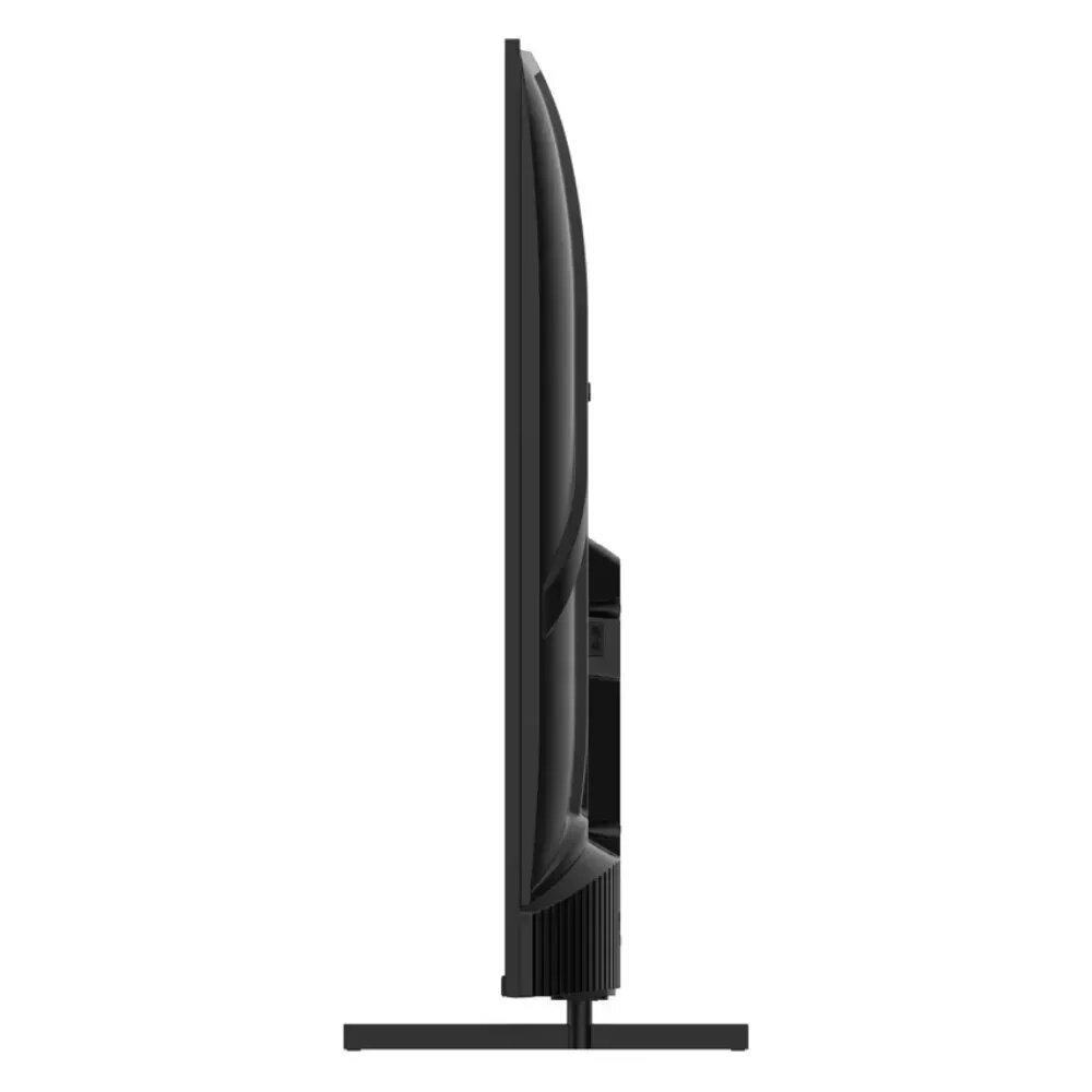 Un televisor negro con un soporte delgado, visto de lado.