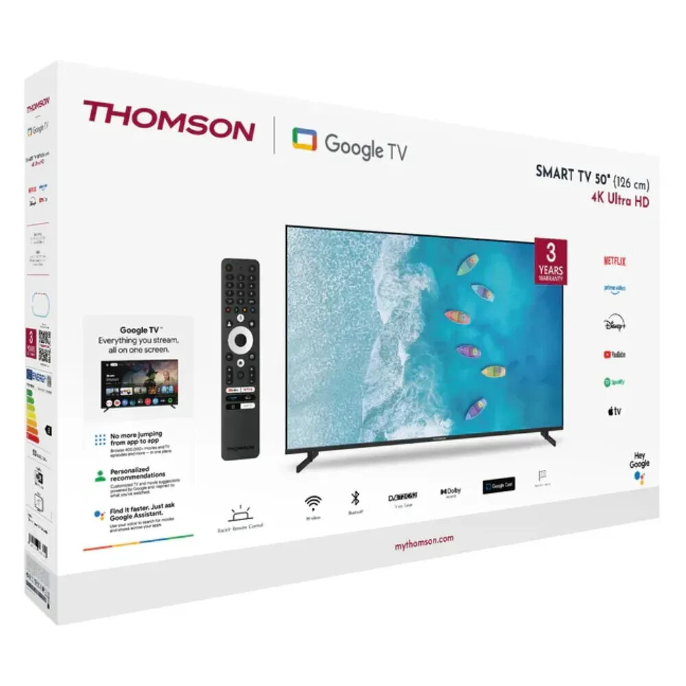 Thomson Smart TV 50 pulgadas 4K Ultra HD con mando en el embalaje.