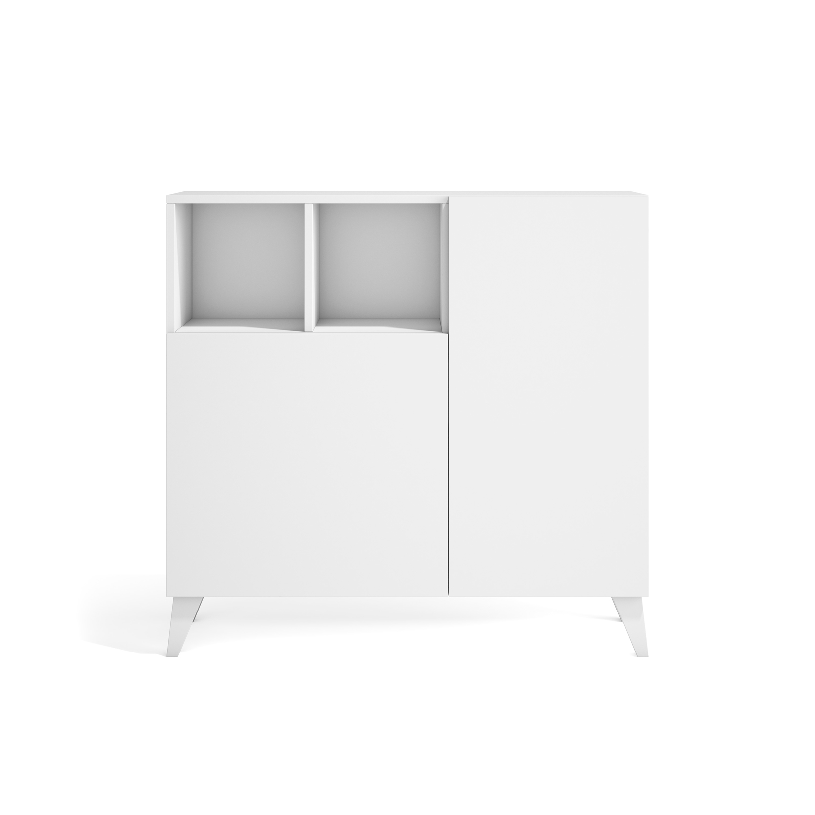Un armario blanco con dos estantes abiertos arriba y una puerta.