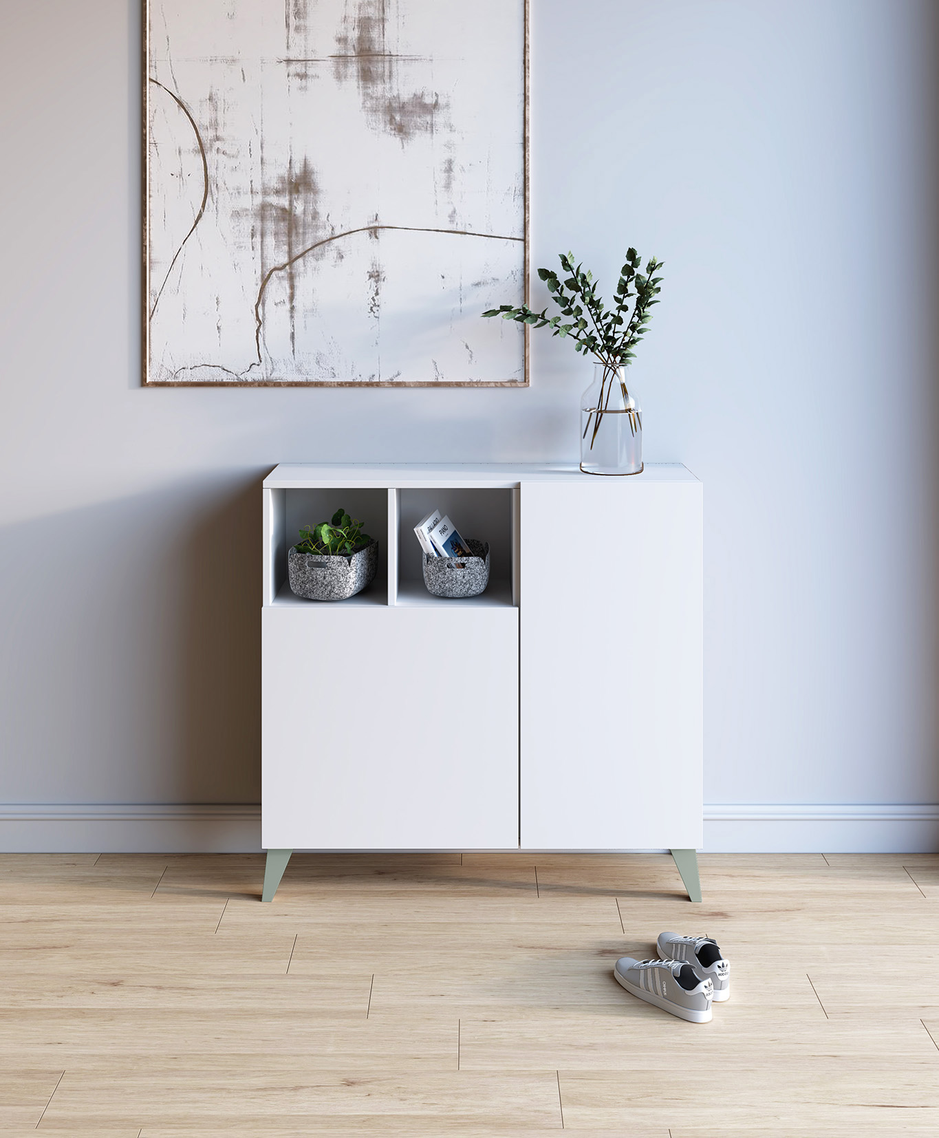Mueble blanco con plantas, libros y zapatillas en suelo de madera.