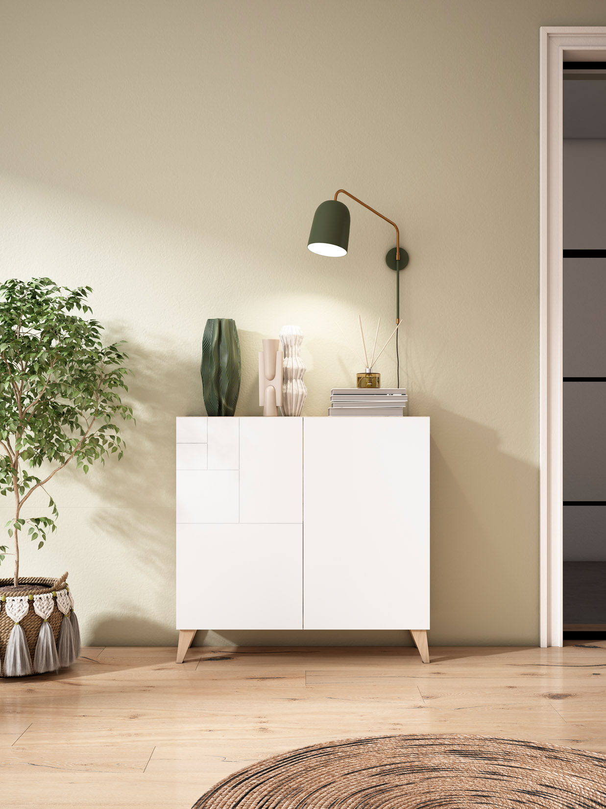 Mueble blanco con jarrones decorativos y lámpara verde en pared verde claro.
