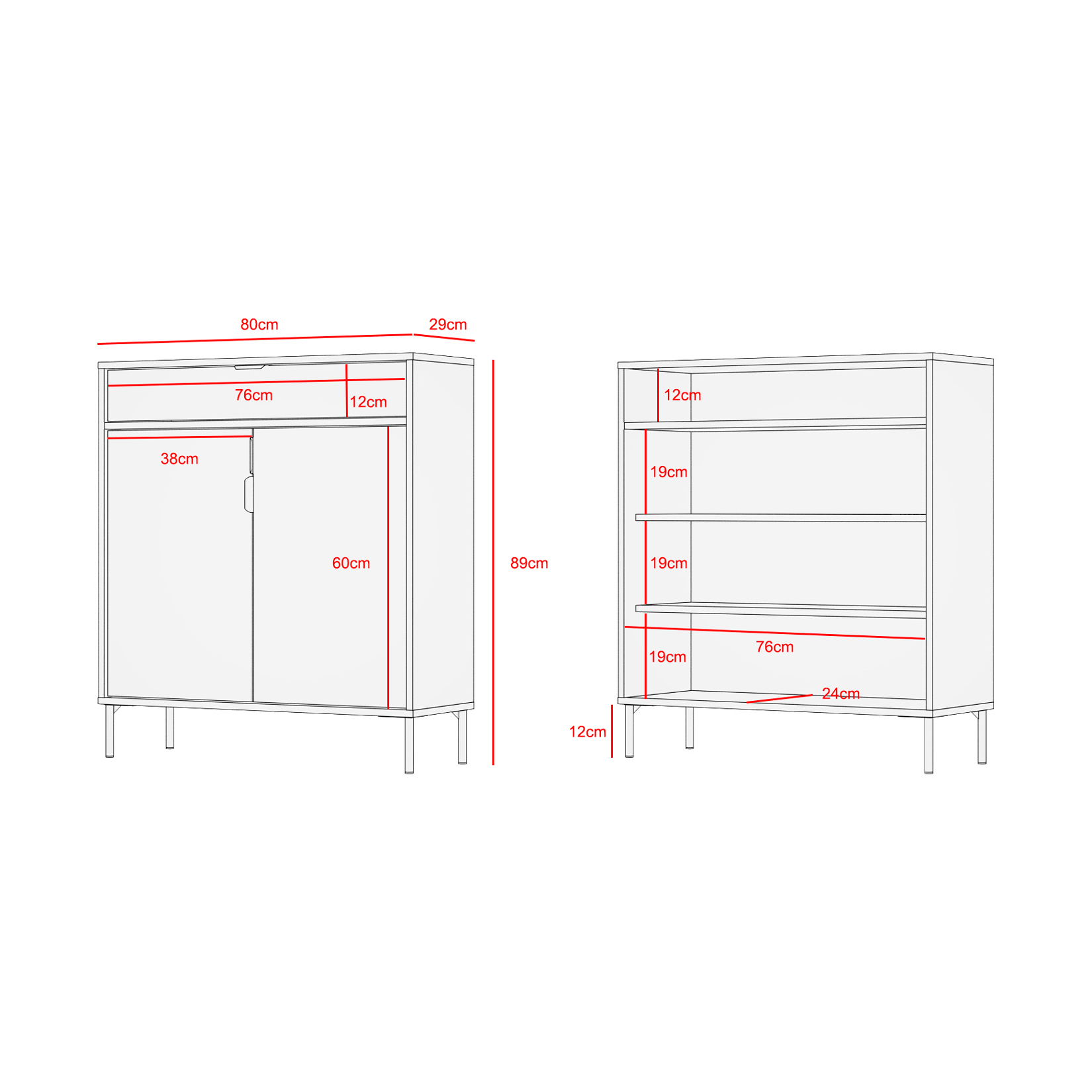 Dos muebles blancos: armario con cajón/puertas a la izquierda, estantería abierta a la derecha.