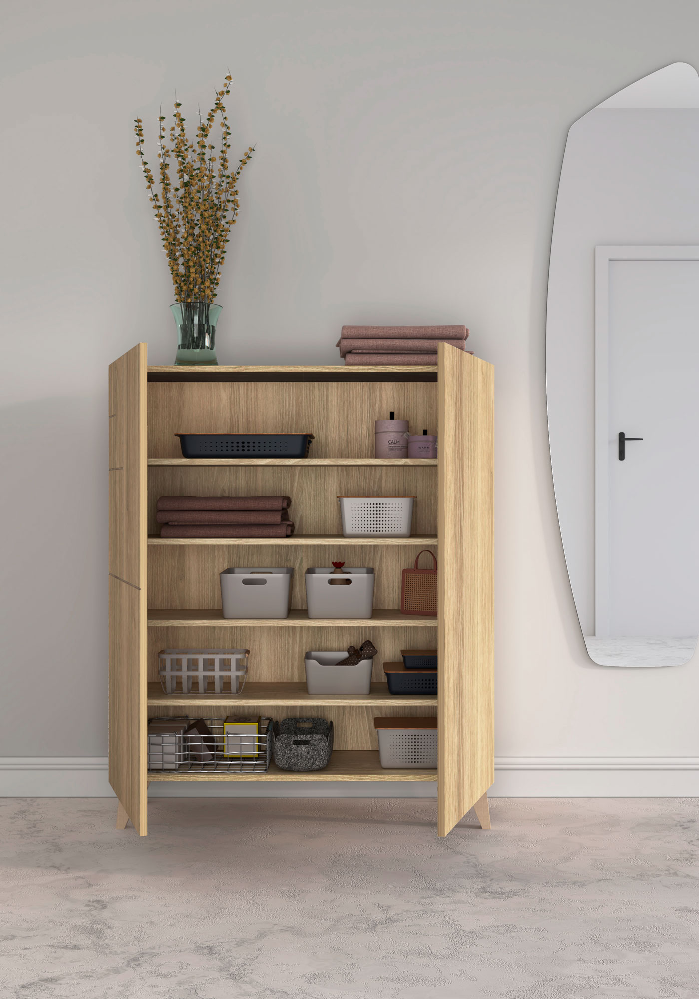 Un armario de madera con puertas abiertas, lleno de cestas, toallas y plantas.