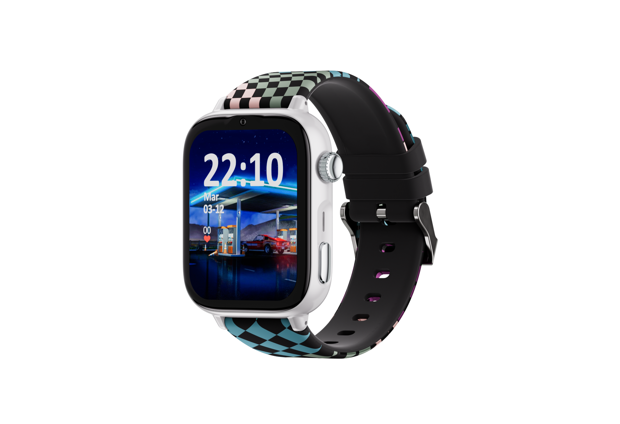 Smartwatch con cinturino nero, accenti a scacchi e display di stazione di servizio.
