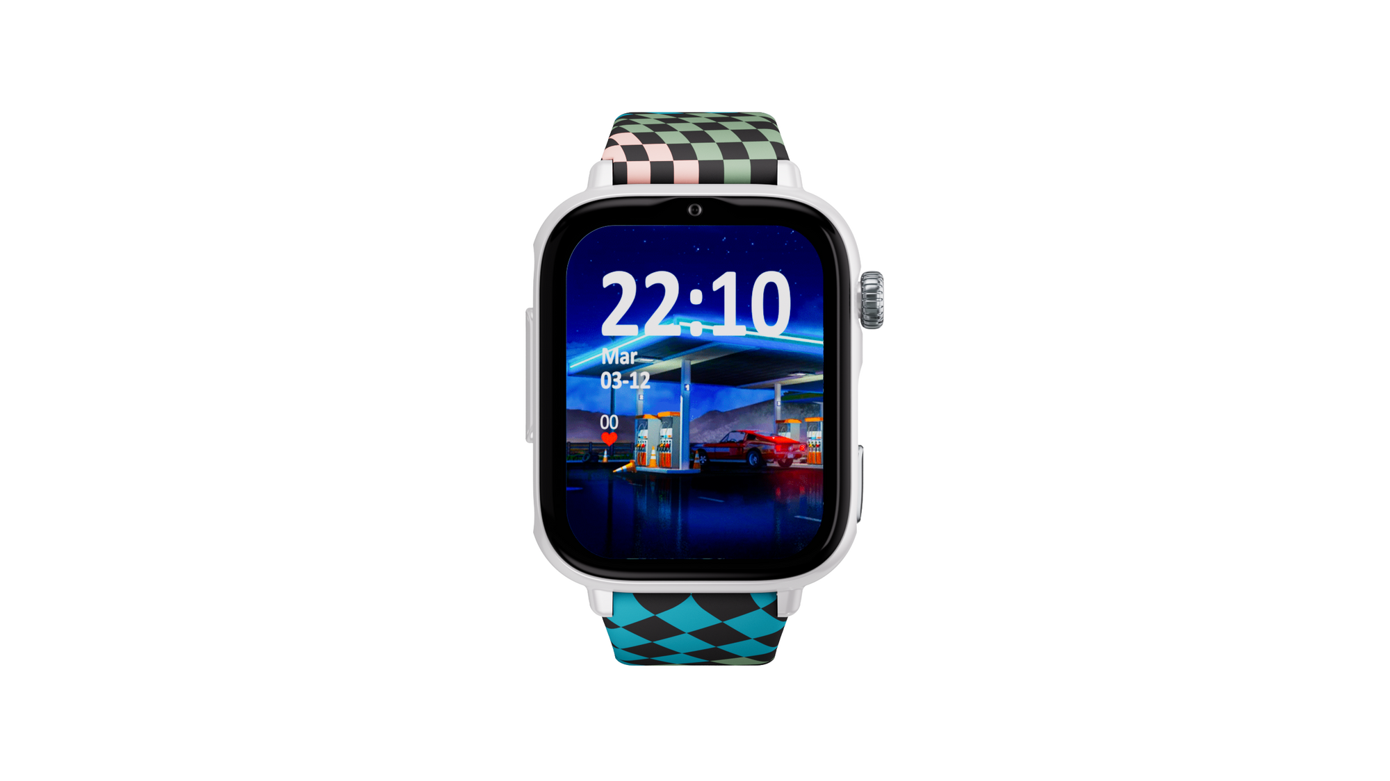 Uno smartwatch con una scena di corsa sullo schermo e cinturino a scacchi.