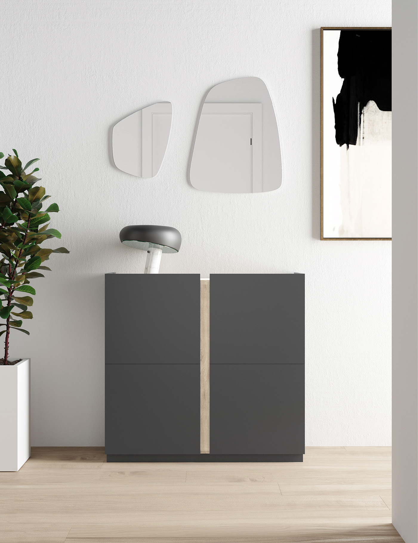Un mueble oscuro con detalles de madera, lámpara, planta y arte abstracto.
