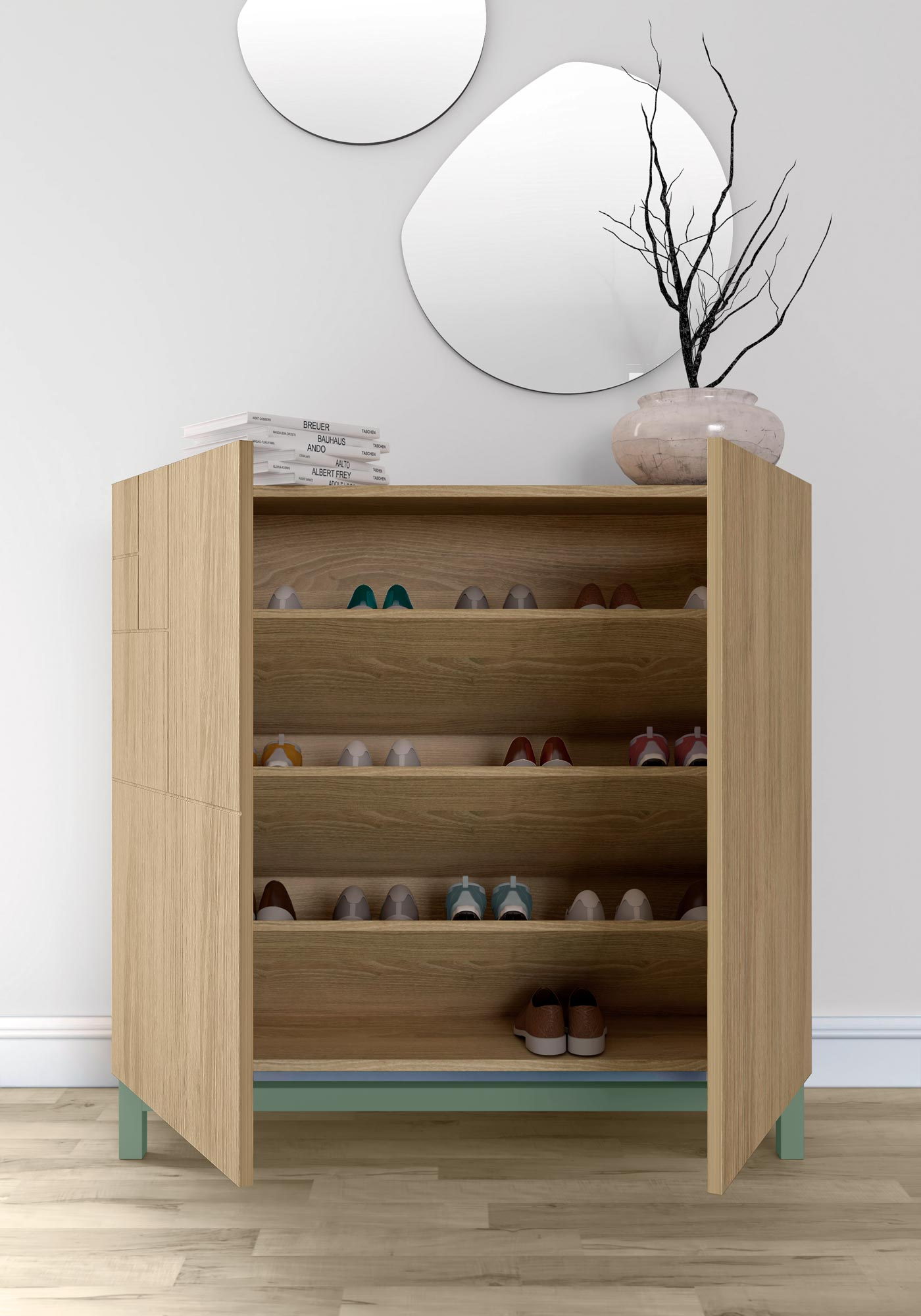 Un zapatero de madera abierto con varios estantes, lleno de zapatos.