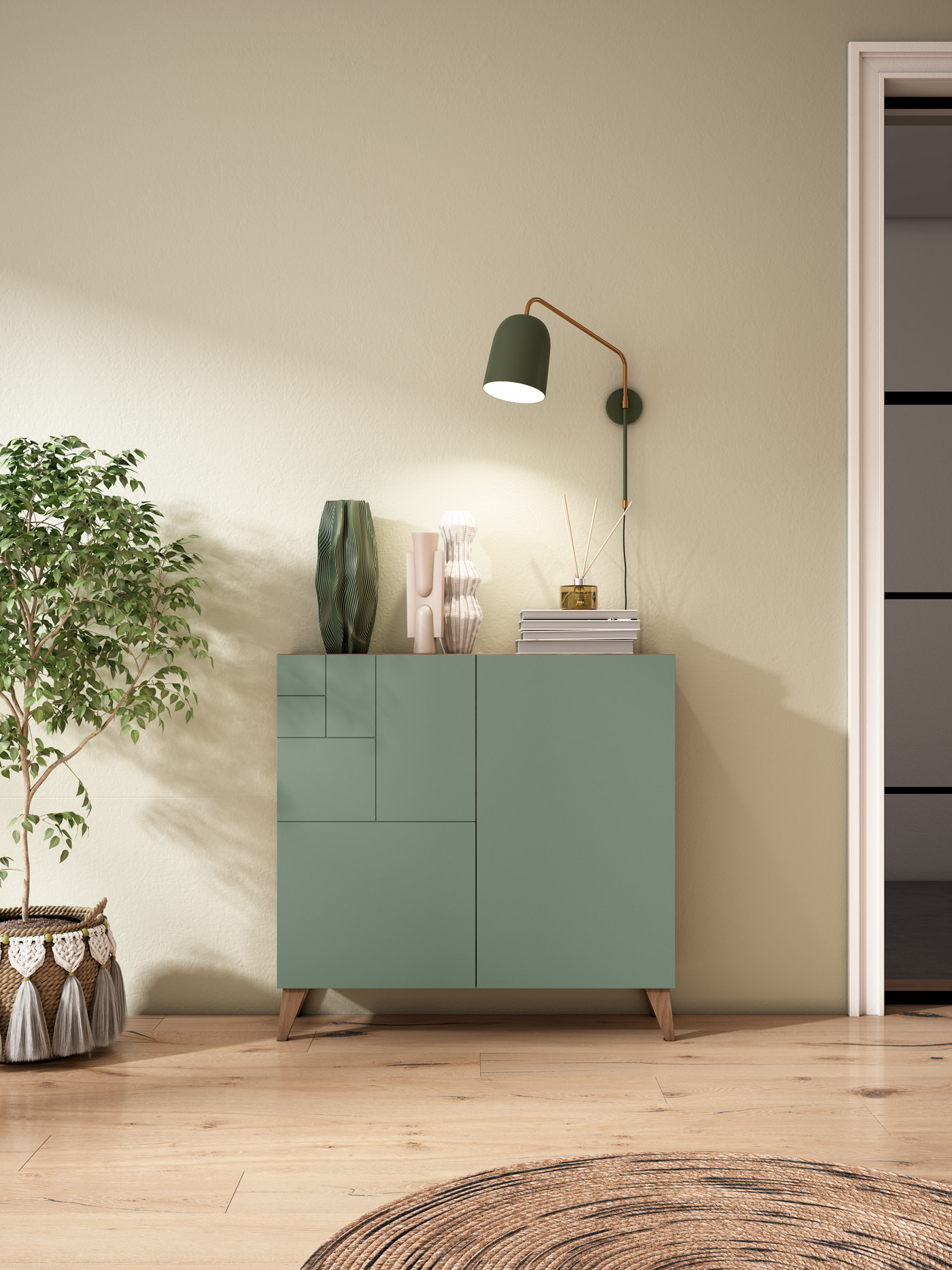 Un mueble verde con jarrones, libros y una lámpara se sienta sobre un suelo de madera.