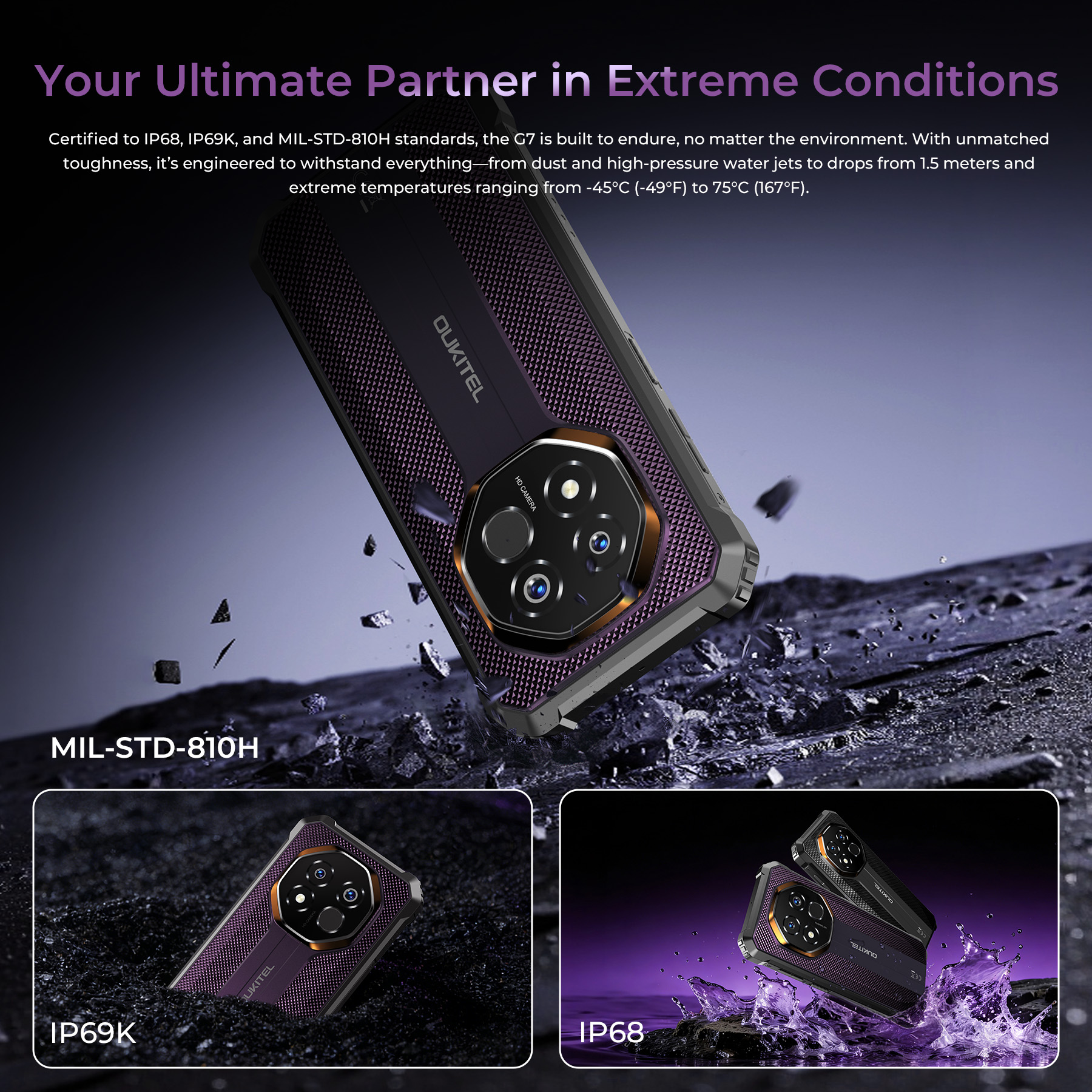 Robustes Smartphone in Violett und Schwarz, umgeben von Felsen und Wasser.