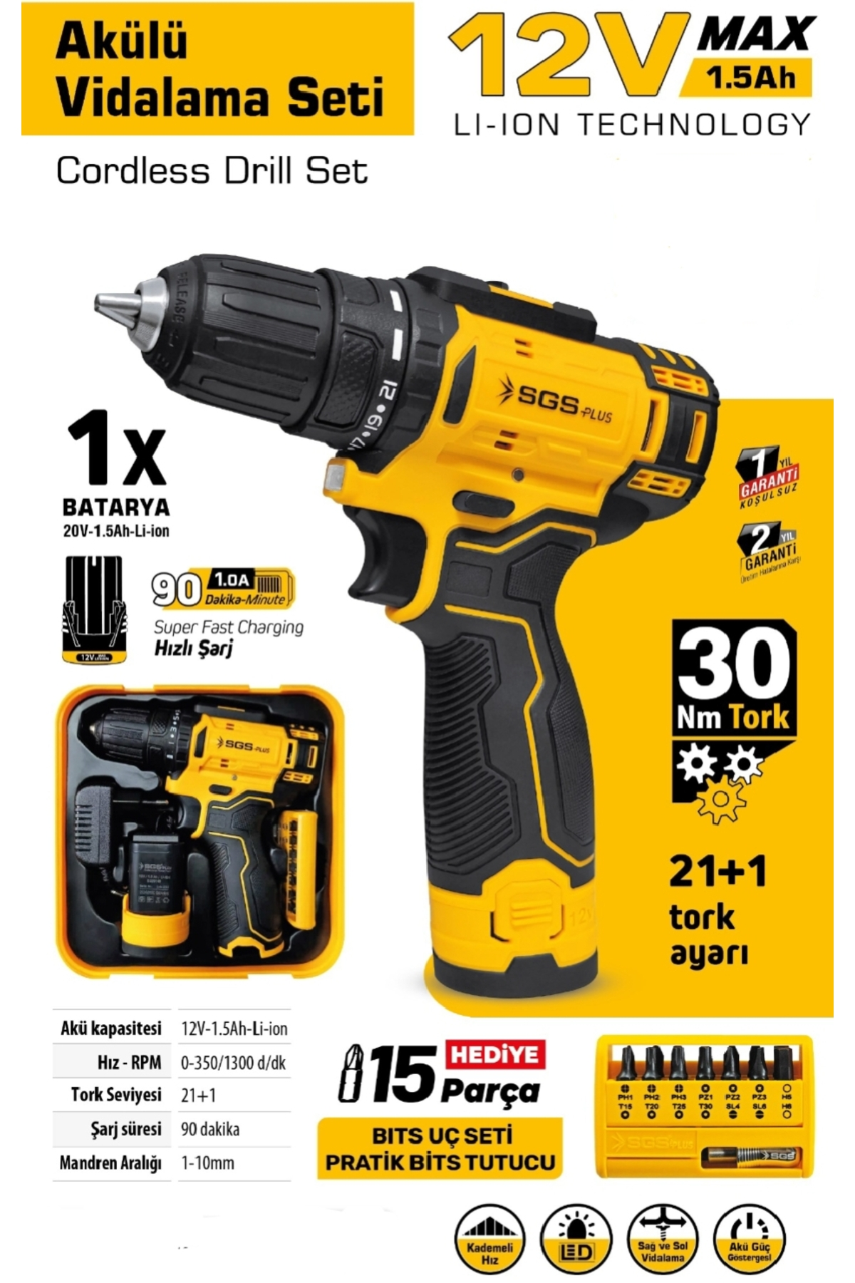 Sarı akülü vidalama seti, 12V, 1.5Ah Li-ion, 30 Nm tork, 21+1 ayar, uç seti dahil.