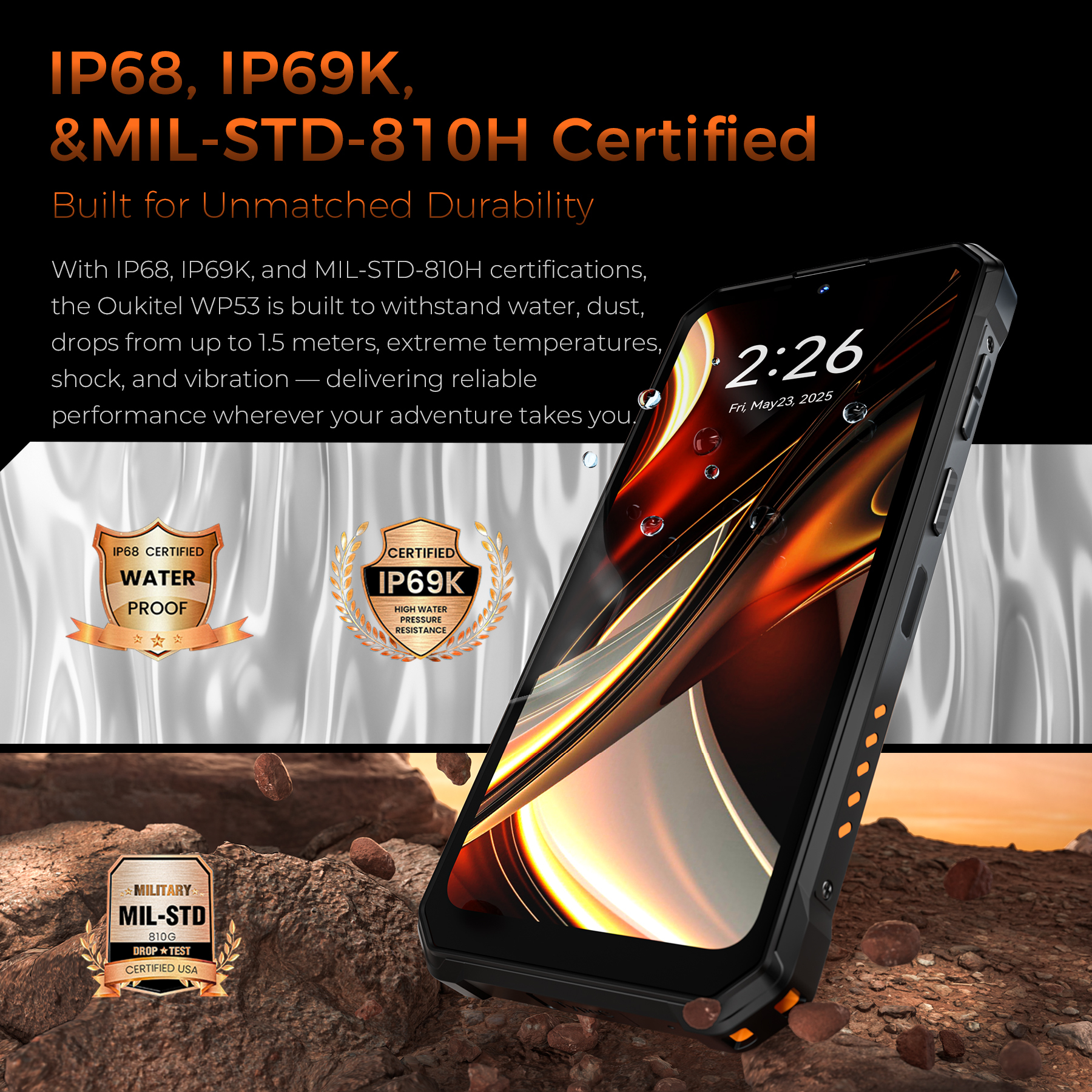 Robustes Handy mit IP68, IP69K, MIL-STD-Zertifizierungen. Bildschirm zeigt 2:26.