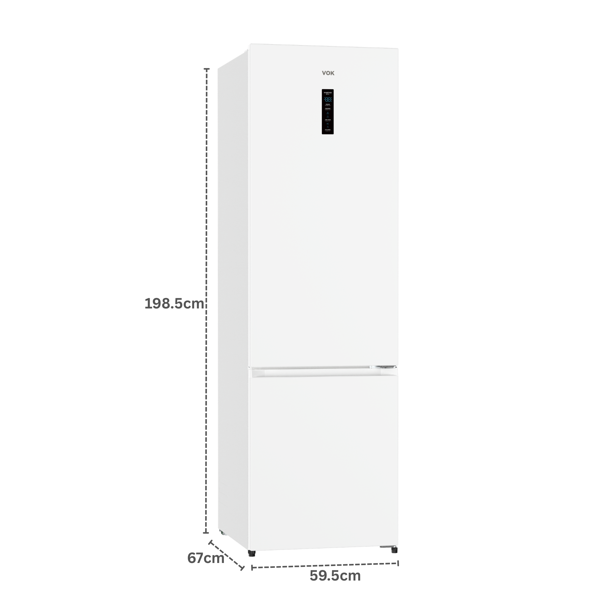 Un refrigerador blanco con pantalla digital y dimensiones de 198,5x67x59,5cm.