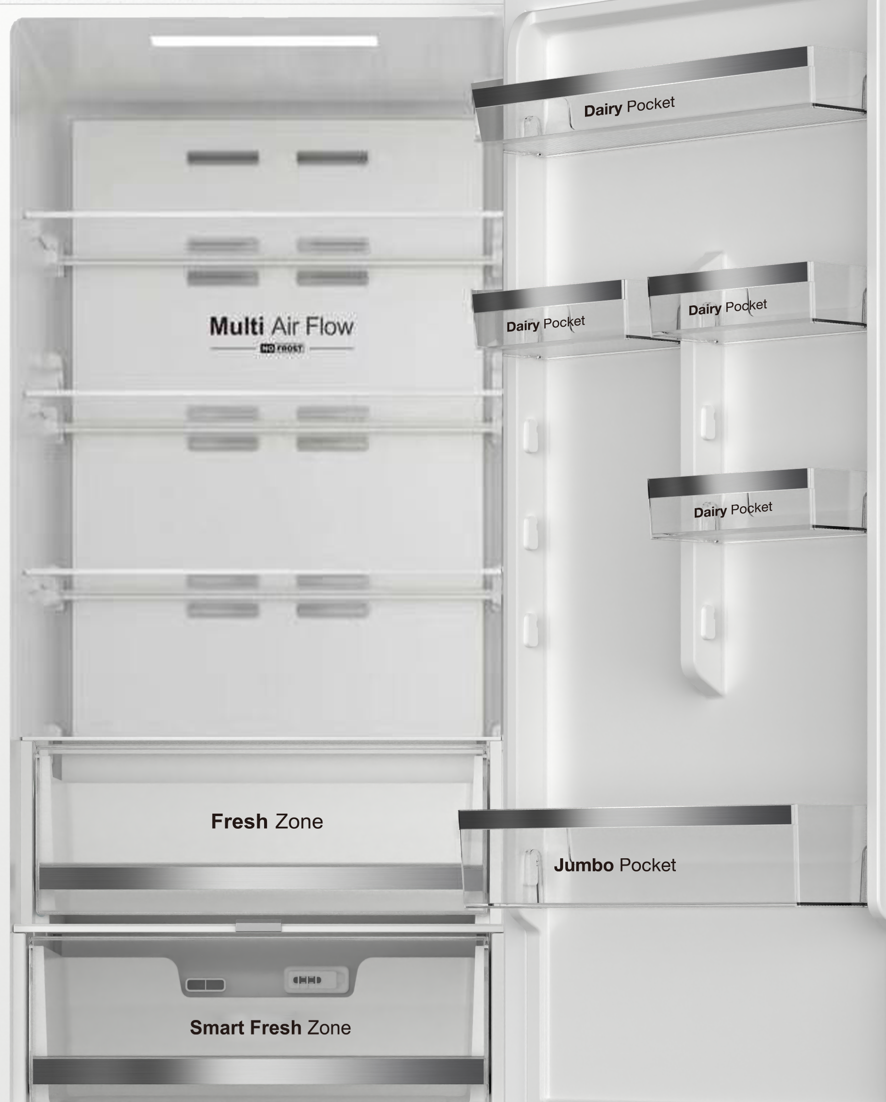 Refrigerador abierto con estantes, cajones y compartimentos en la puerta.