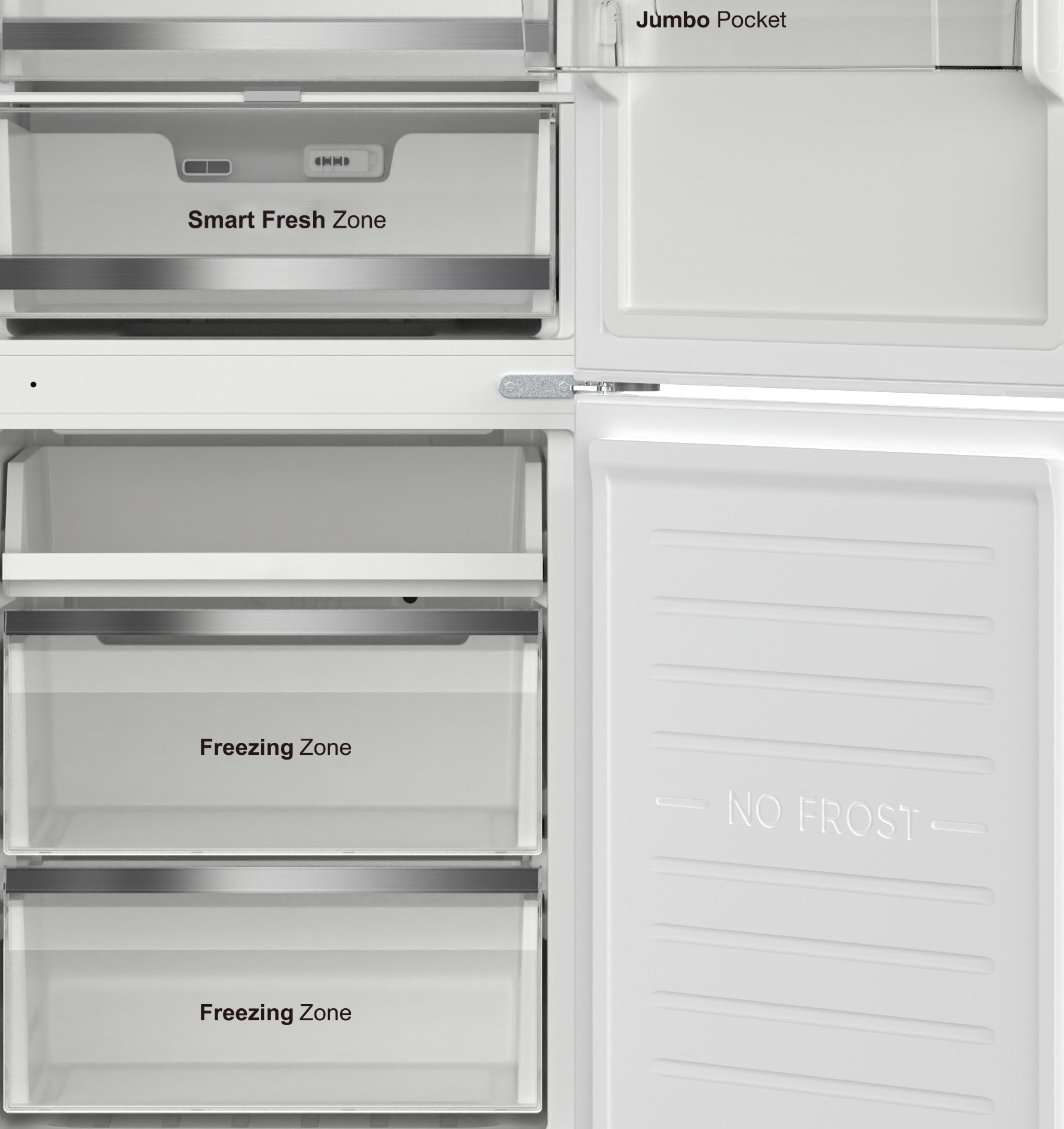 Interior de refrigerador con cajones: Smart Fresh Zone, Freezing Zone y NO FROST.