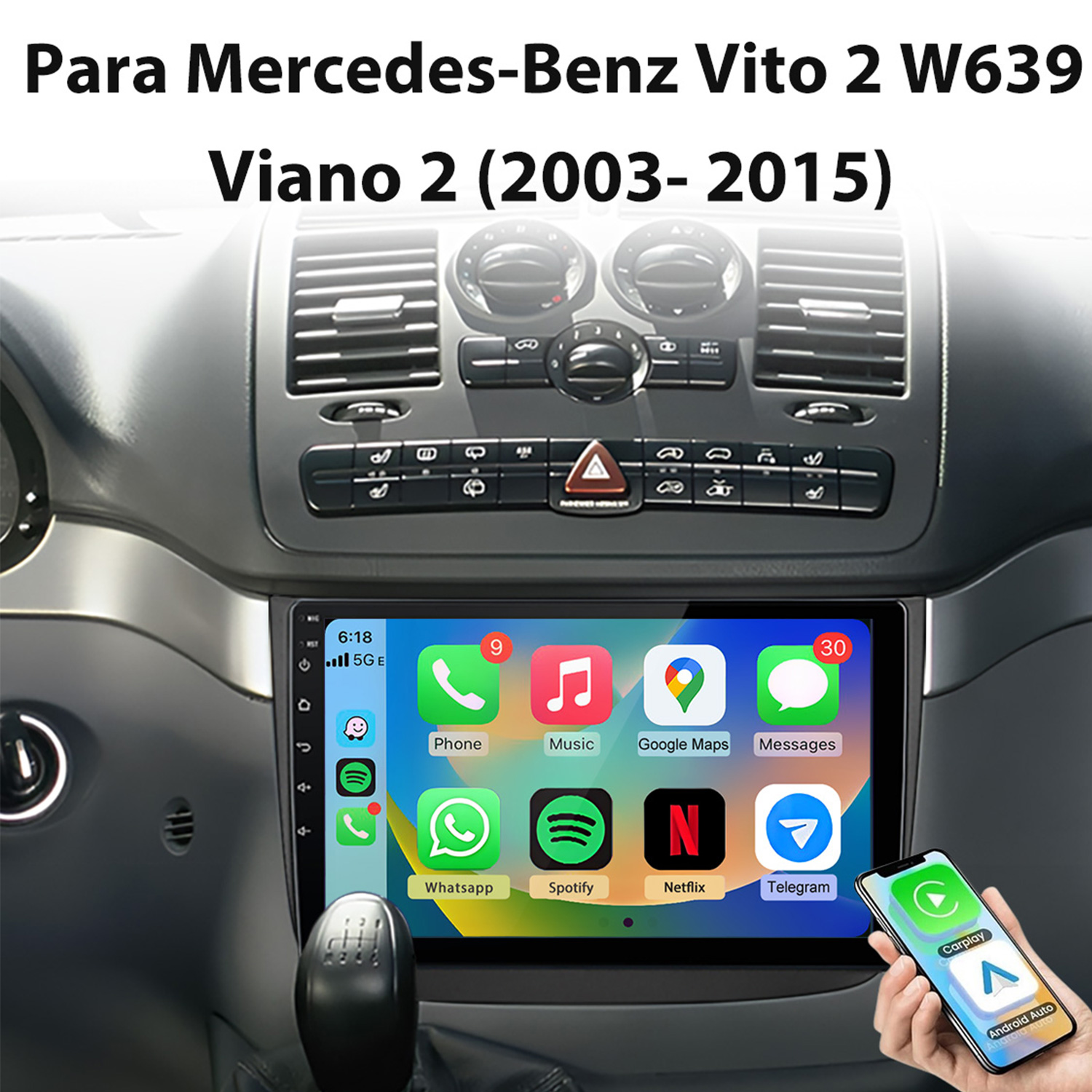 Pantalla de radio de coche con iconos de apps y un smartphone mostrando CarPlay.